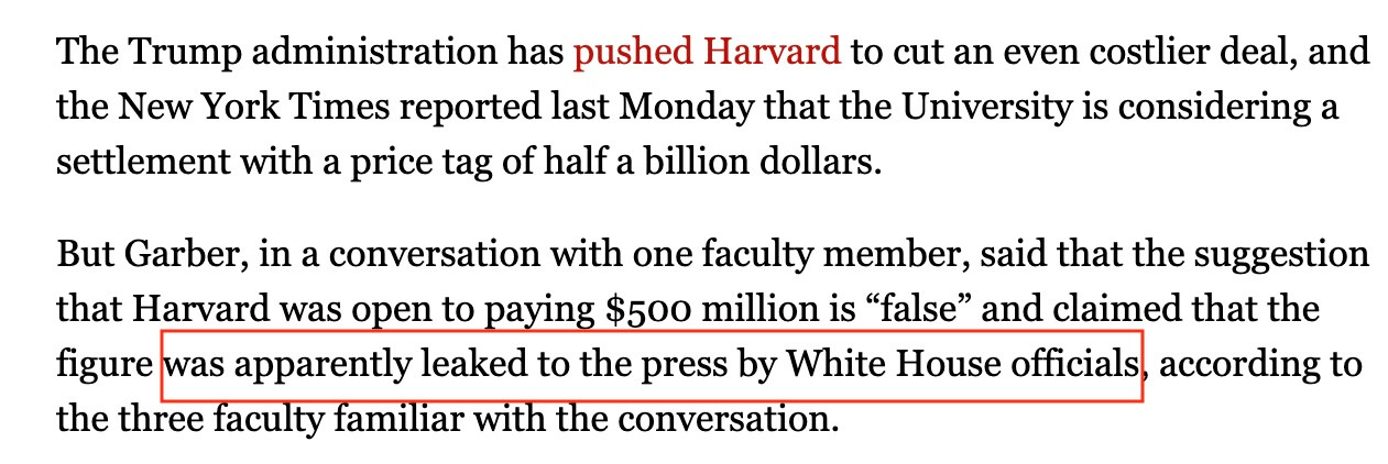Text of story:  Harvard prez Garber says report of a deal "was apparently leaked to the press by White House officials." NYT ran with it as a story. 