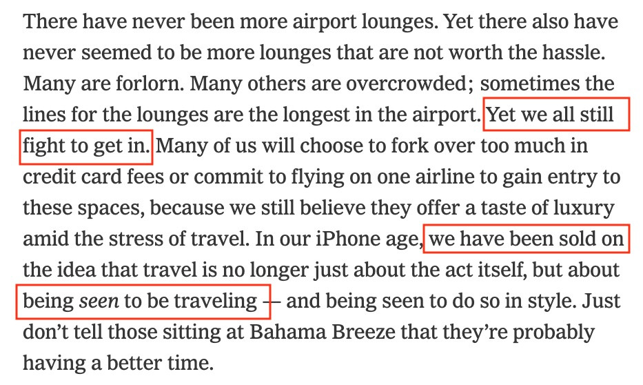 An article with many references to "We all still fight to get into airport lounges" etc.