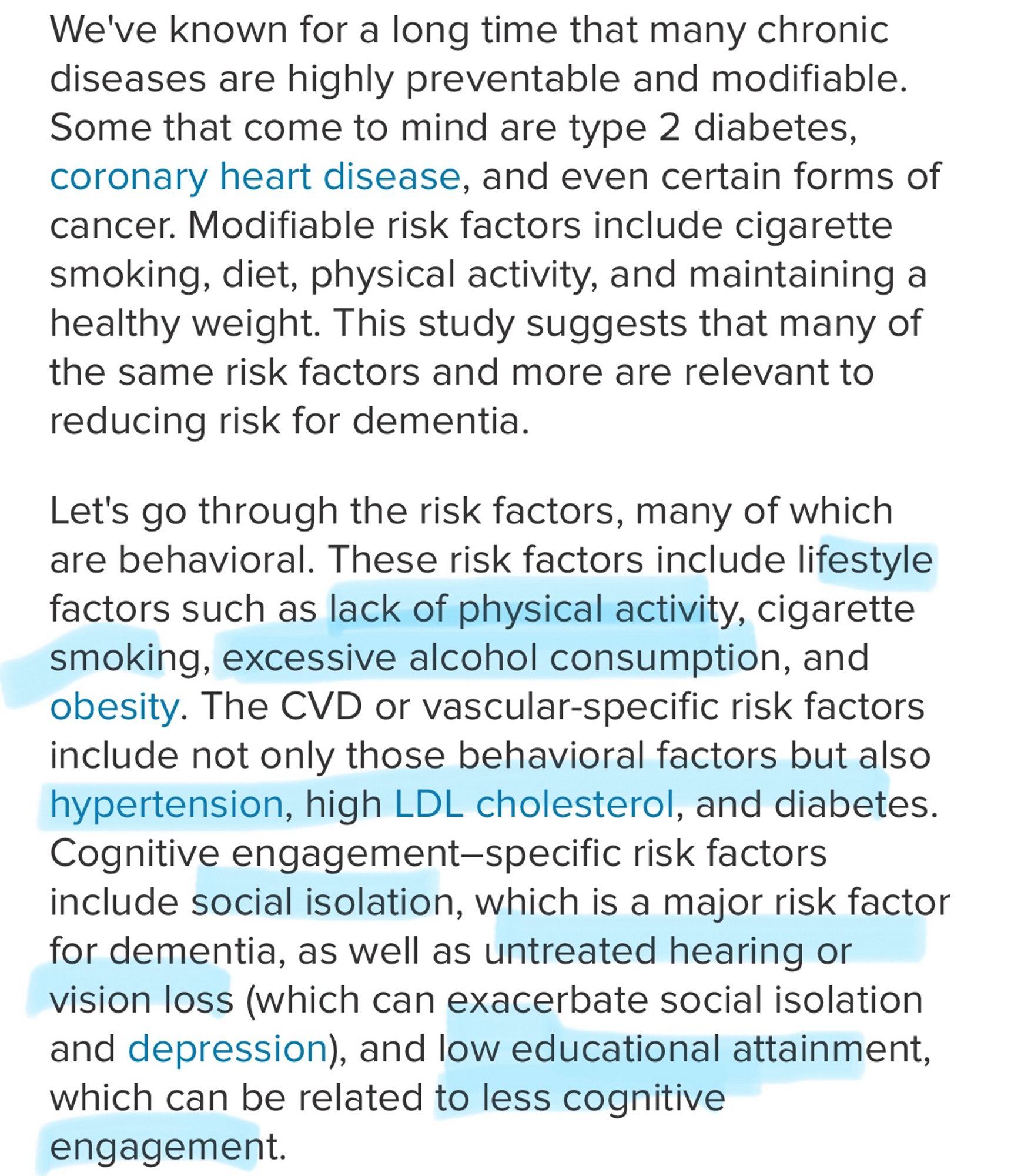 Snapshot of article summarizing modifiable risk factors that could prevent or delay dementia: lack of physical activity, cigarette smoking, excessive alcohol consumption, obesity, hypertension, high LDL cholesterol, diabetes, social isolation, untreated hearing or vision loss, low educational attainment or less cognitive engagement.