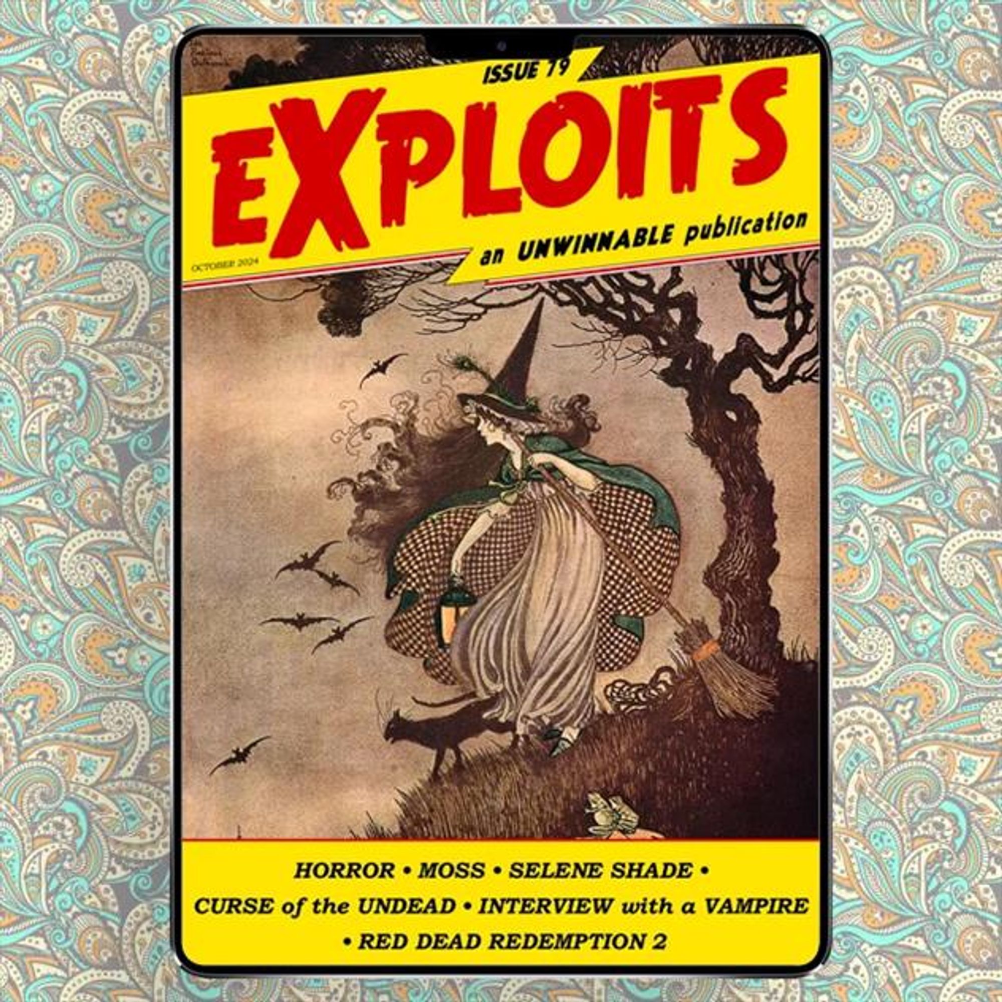 The cover of the October 2024 issue of Exploits featuring vintage art of a witch and her black cat familiar. Text at the bottom indicates that this issue includes writing on horror, Moss, Selene Shade, Curse of the Undead, Interview with a Vampire, and Red Dead Redemption 2.