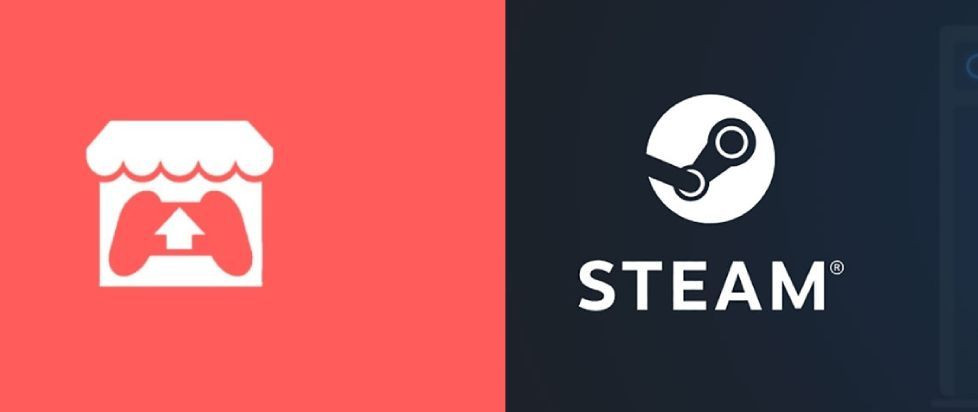 logos for online game distributors itch dot i o and Steam, with itch in pink on the left and steam in dark blue on the right