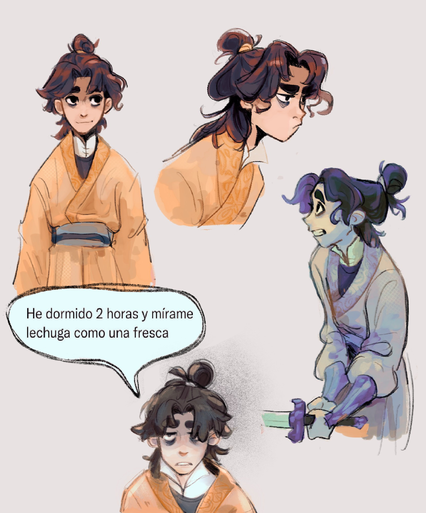 Sketches of Shang Qinghua. The text bubble says "he dormido dos horas y mírame, lechuga como una fresca". It's a meme in Spanish. 