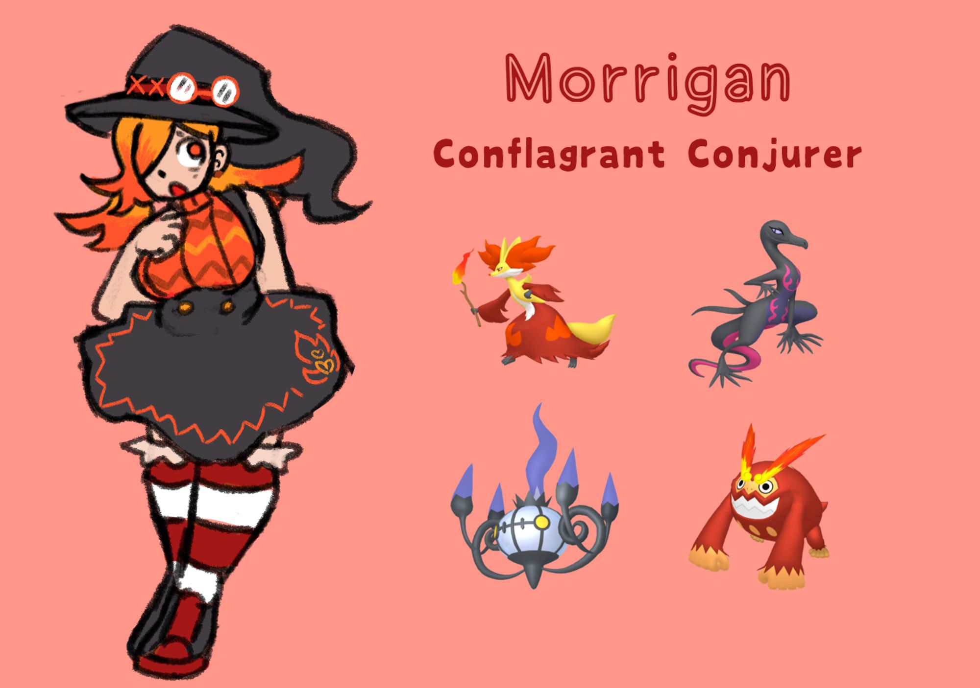 Morrigan wears her orange hair in two pigtails. She has a chubby build, wearing a witch hat, a sleeveless orange sweater, and a black skirt. Her Pokemon team consists of Delphox, Salazzle, Chandelure, and Darmanitan.