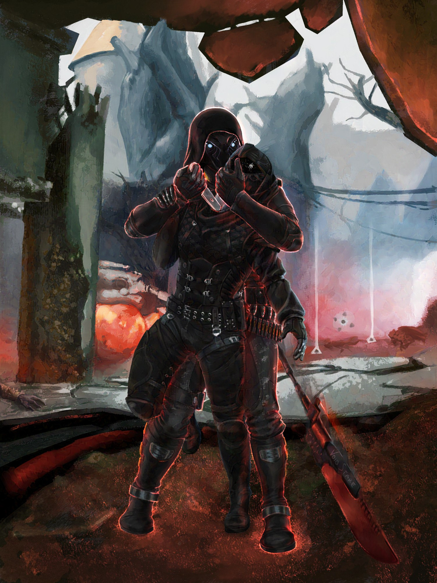 Two men stand in concrete ruins of an old building. The shorter man stands in front of the taller man, with a knife in his throat. The taller man is bathed in a red glow and has the shorter man pinned against his body. The shorter man dropped his glaive. Behind them, two motes sit in a red glowing fog, and a Ghost hovers above a body. They are in a Gambit match, and the invader (the taller man) has taken out his opponents.