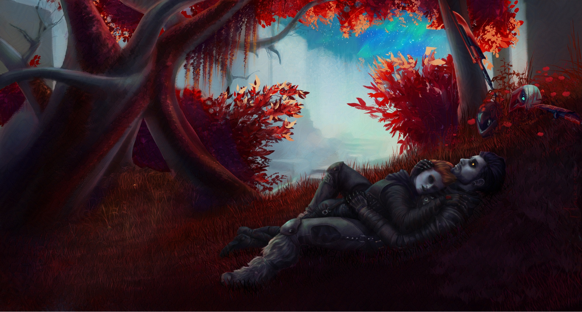 Two men lay embraced in red moss-like grass growing on the branch of a massive tree, extending out of frame. The smaller man lays atop the taller man, has red hair, and is asleep. The taller man has purple hair and glowing orange irises, and stares up toward the sky with a love-struck expression. Smaller branches frame the scene to the left. In the distance, large white structures stretch skyward. A blue-green aurora weaves through the greenish night sky. To the right, two helmets and two gloves sit near one of the tree’s branches; one set neatly placed, the other haphazardly thrown down.