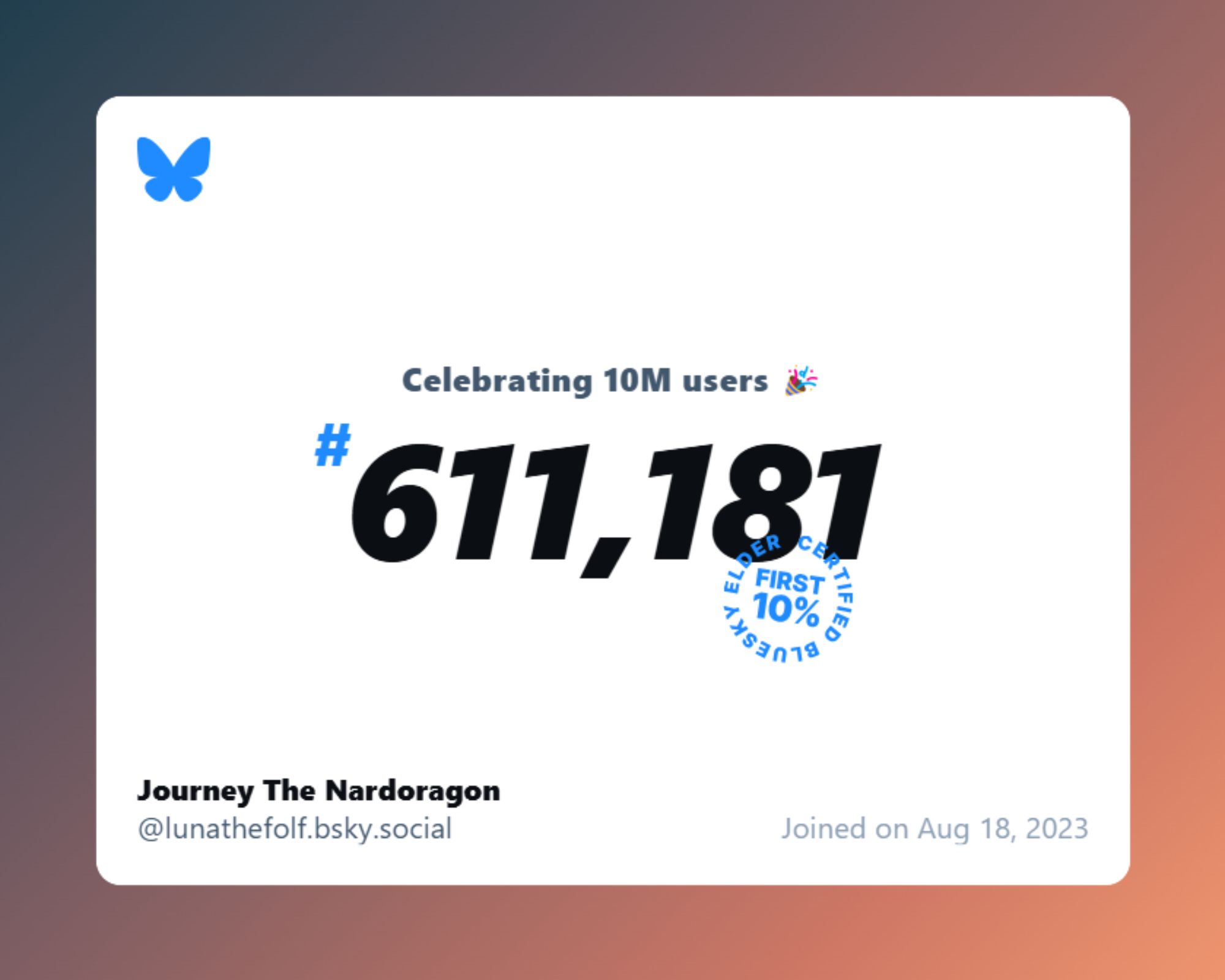 A virtual certificate with text "Celebrating 10M users on Bluesky, #611,181, Journey The Nardoragon ‪@lunathefolf.bsky.social‬, joined on Aug 18, 2023"