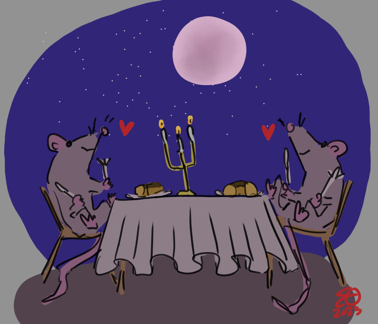 Digital drawing of two rats sitting at a table with a three-pronged candleholder and two plates with two halves of a donut, a starry sky and a full moon in the sky behind them