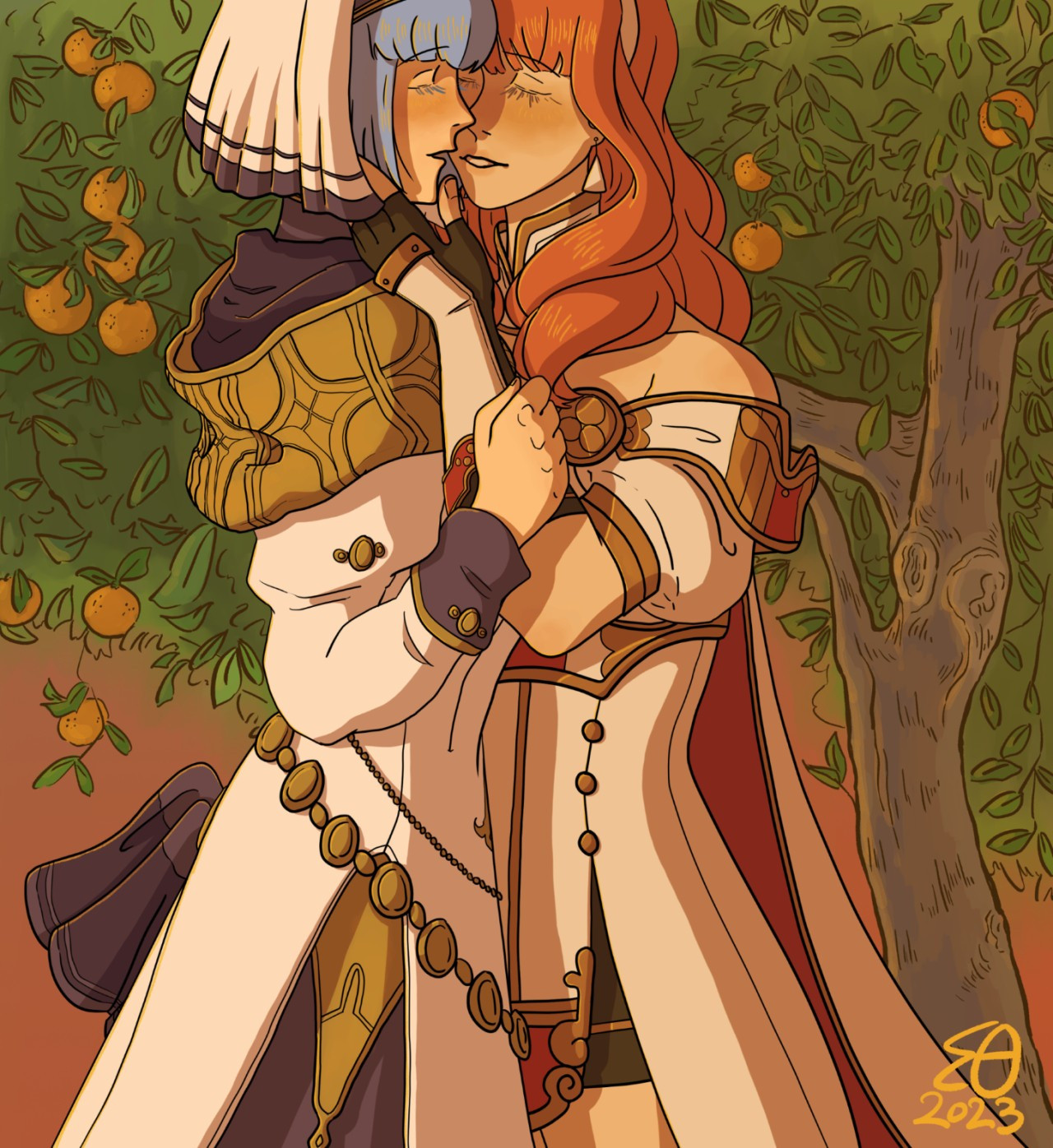 Digital drawing of Silque and Celica from Fire Emblem Echoes: Shadows of Valentia holding one another in front of an orange tree