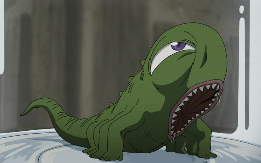 Envy from Fullmetal Alchemist in tiny form. They’re a green lizard kinda thing with a big scary mouth and 8 legs