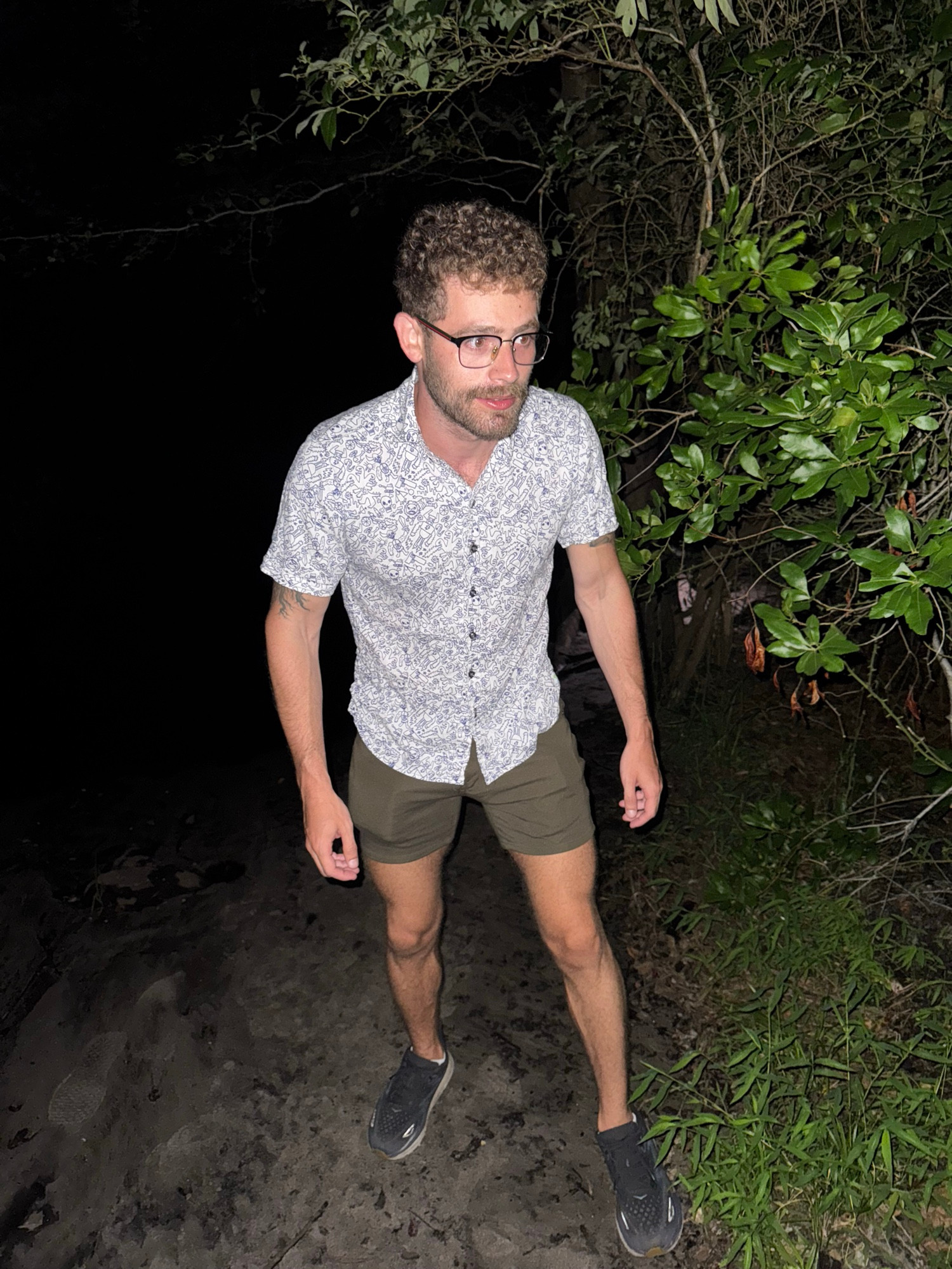 Me hiking through the woods in gay going out attire