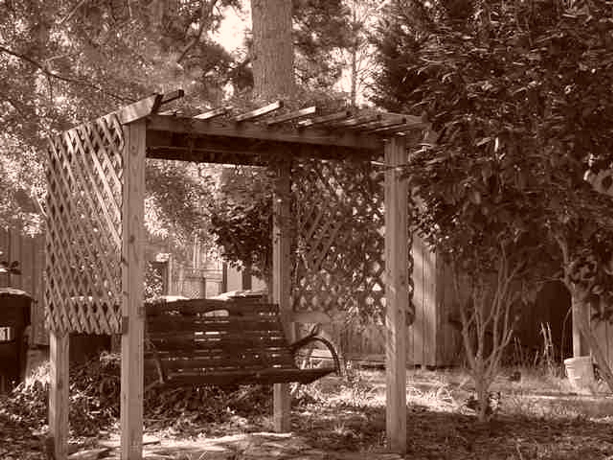 A pergola with a swinging bench in it on the left side of the frame. This was taken with a sepia setting on a Sony Mavica MVC-FD200, the infamous floppy disk camera.