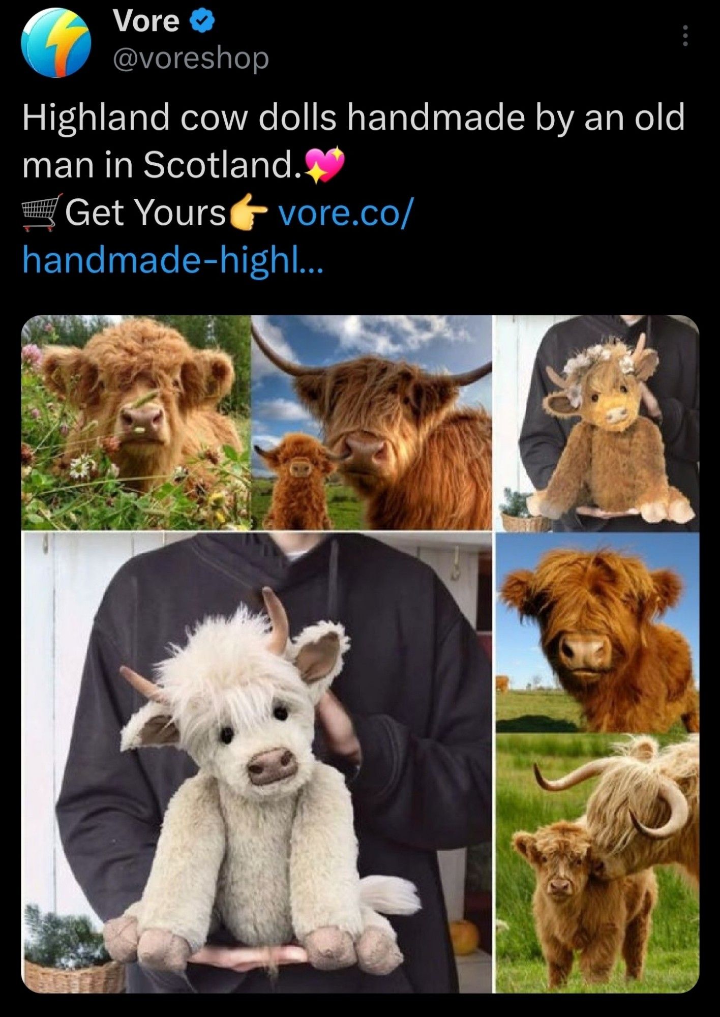 A promoted dropshipping account called VoreShop on Twitter claiming that they are selling "Highland cow dolls handmade by an old man in Scotland" which they were certainly not.