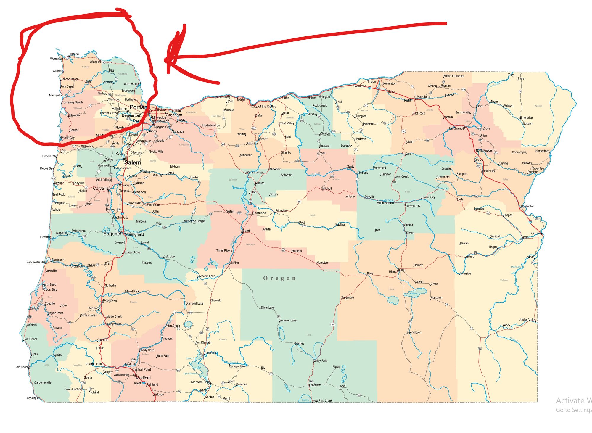 map of Oregon with the northwest corner that sticks up into Washington