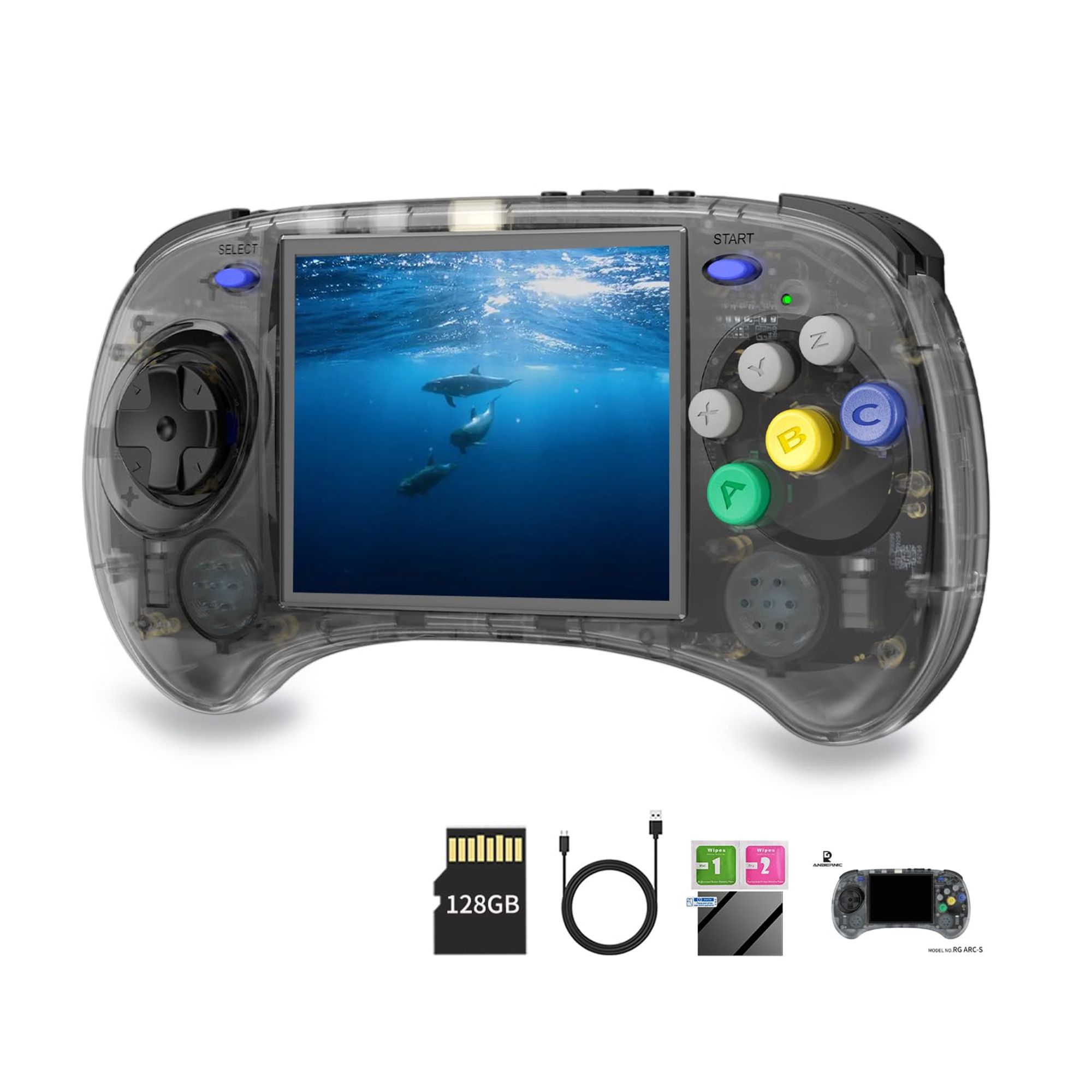 handheld video game console with 6 face buttons. Shaped vaguely like a Sega Saturn controller. 