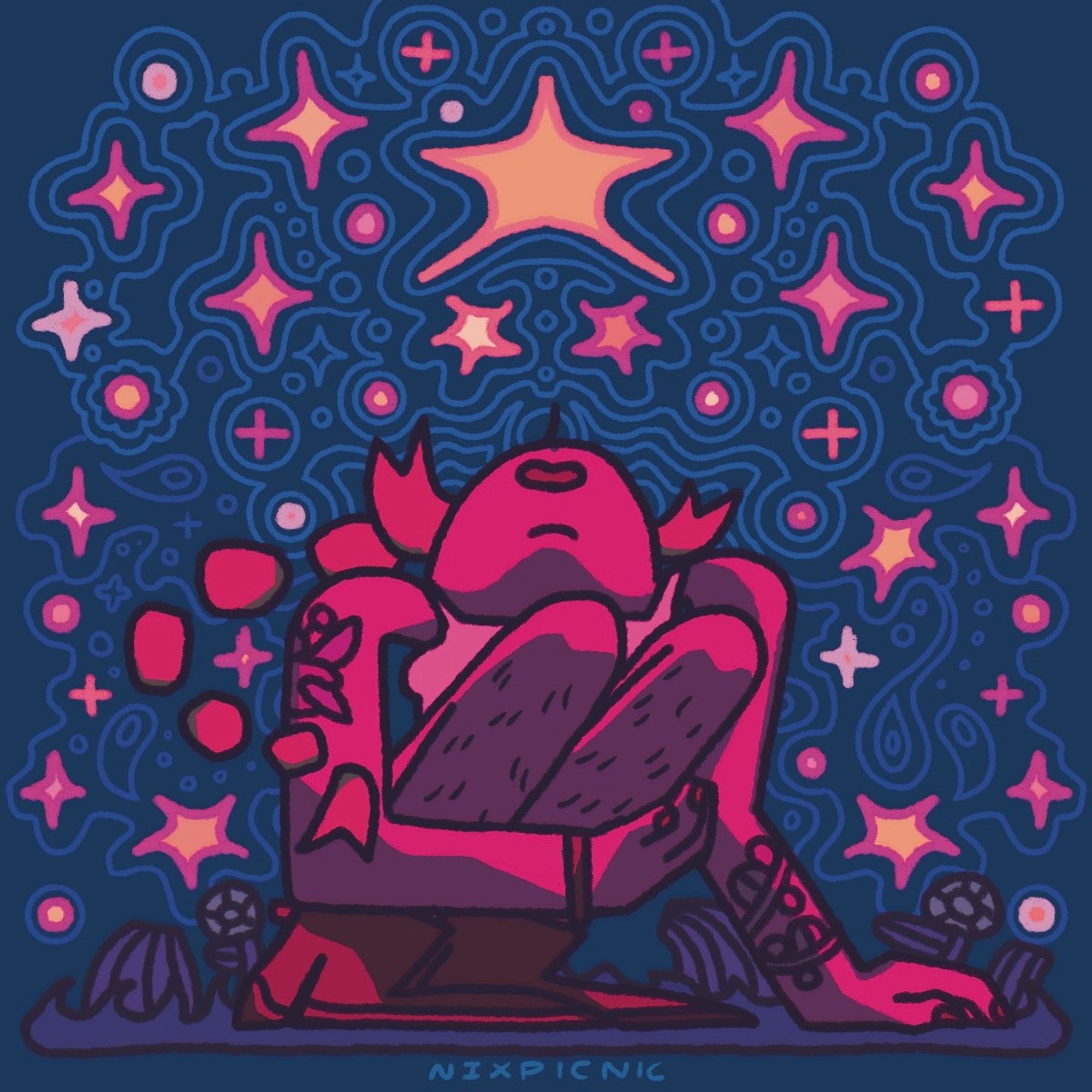 a digital illustration. a cartoon person crouches low to the ground and stares straight up at the sky which is full of shining multicoloured stars. they are bathed in hot pink light.