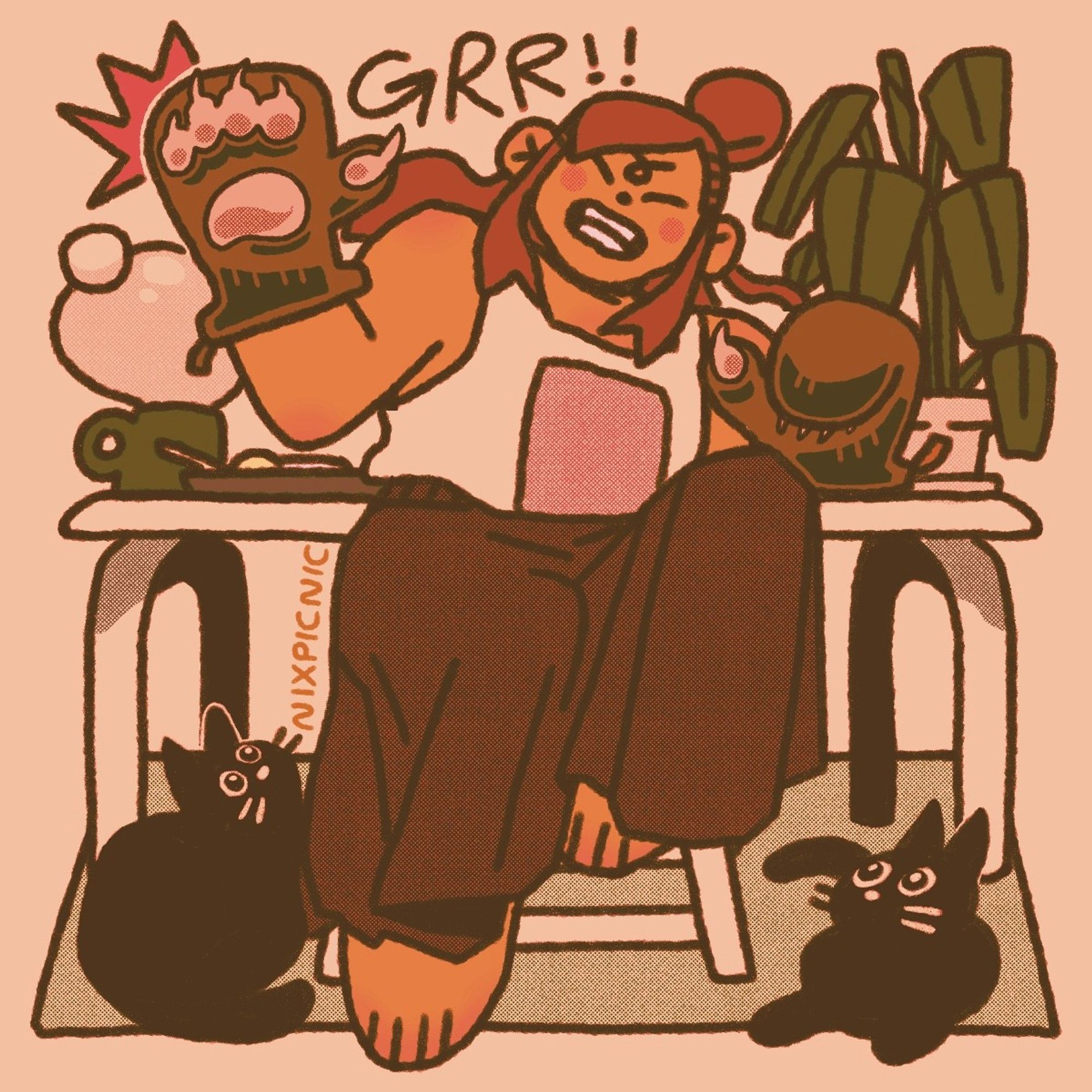 a digital illustration, same as the first image with colours balanced to skew more reddish with muted green accents. a person with long hair wearing a tank top and long skirt poses with one hand raised and one hand curled, wearing oven mitts that look like big bear paws. behind them is a table with a mug, plate, and big leafy plant. below them on the floor are 2 black cats looking up at them with eyes shining