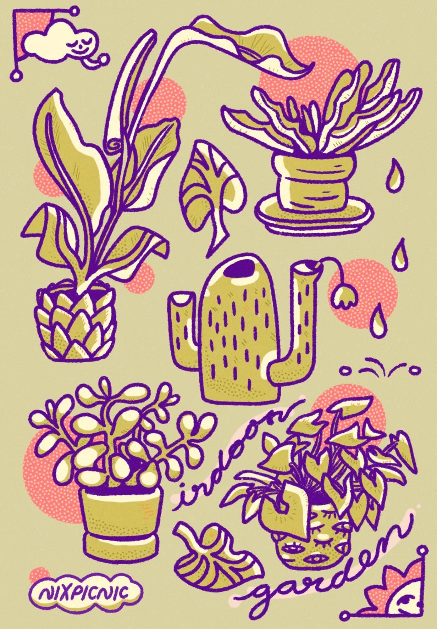 a digital illustration depicting 4 potted houseplants, a cactus-shaped watering can, with a pair of leaves and some water droplets filling in the spaces between them. from left clockwise, the plants are bird of paradise, aloe vera, jade, and arrowhead plant. the top left corner is decorated with a small cloud with a calm expression, waving to the peeking sun that decorates the bottom right corner. cursive text between some of the plants and watering can reads "indoor garden". Each item is coloured olive green with cream coloured highlights and some green and yellow hatching to detail them. There are also dotted orange circles strewn around the illustration as an accent colour. the bottom left corner contains a cloud and the artist's name: nixpicnic