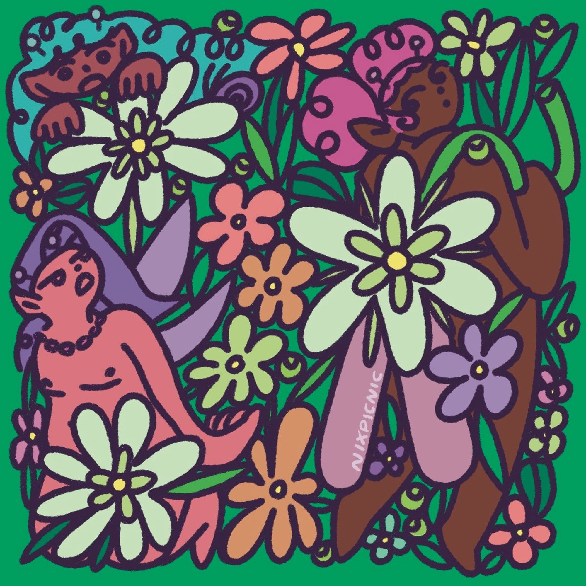 a digital illustration. 3 fairies are hanging out among daisies of varying colours and sizes. one sling the stem of a daisy over their shoulder.