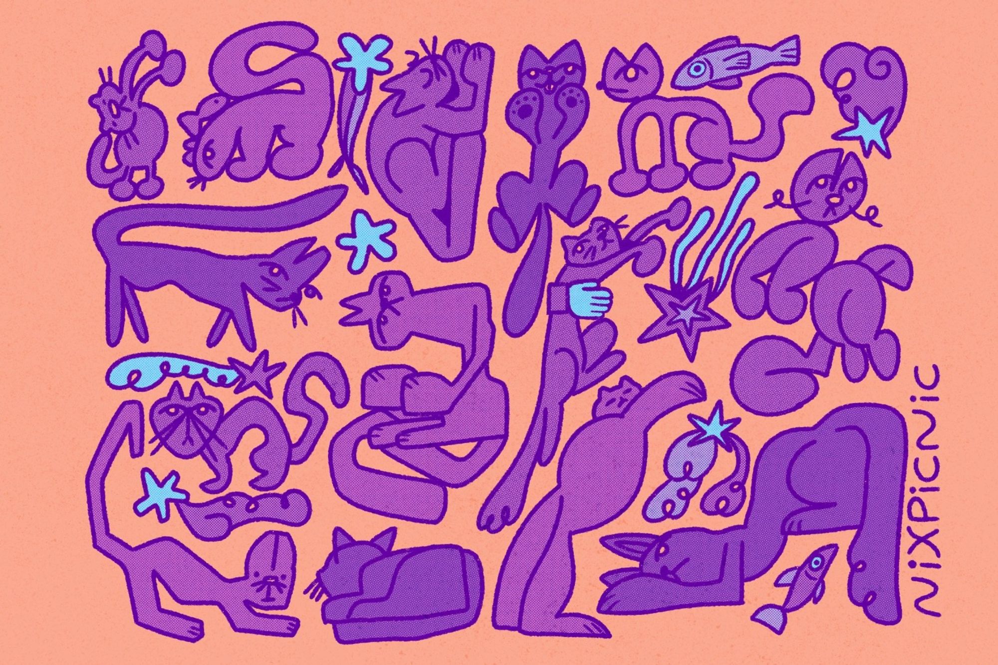 a digital drawing with 14 different iterations of cartoony cats in various poses and differing exaggerated proportions, with fish and stars filling in the spaces between them. the cats are varying shades of warm and cool purple, and sky blue is used as the accent colour for the stars. the background is light peachy pink.