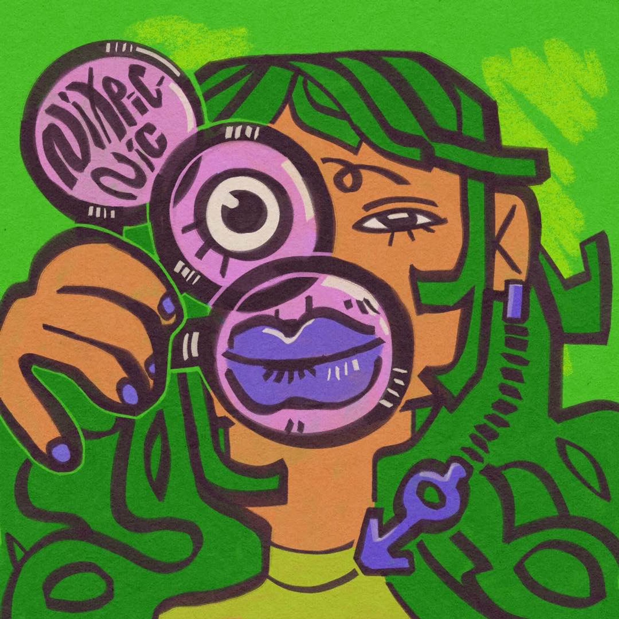 a digital drawing of a cartoon person holding up 3 magnifying glasses in front of their face. One magnifies their lips, one magnifies their right eye, and the third one contains the artist's username, "nixpicnic". The person is looking at the viewer. The person has tanned skin, long and wavy hair coloured deep green, and wears a simple light green shirt. Their nails, lips, and the dangling Mars symbol earring they wear are all coloured vibrant purple. The background of the drawing is lime green with brighter green accent scribbles.