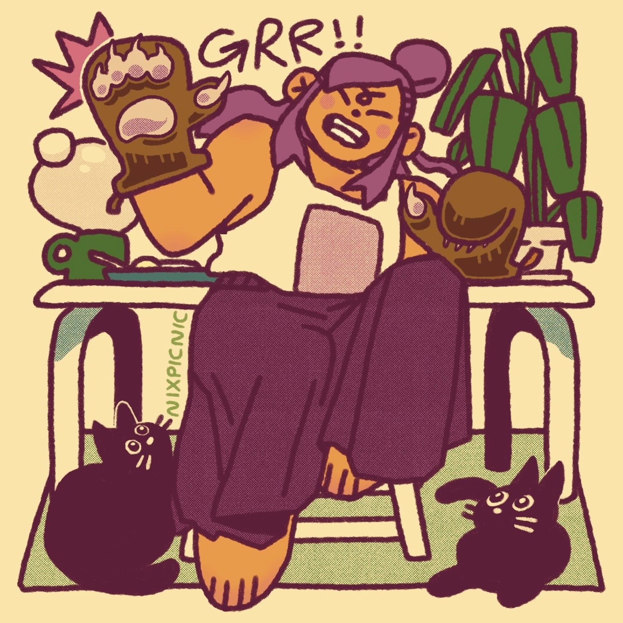 a digital illustration. a person with long hair wearing a tank top and long skirt poses with one hand raised and one hand curled, wearing oven mitts that look like big bear paws. behind them is a table with a mug, plate, and big leafy plant. below them on the floor are 2 black cats looking up at them with eyes shining the colours are warm toned and mainly deep purple with green accents.