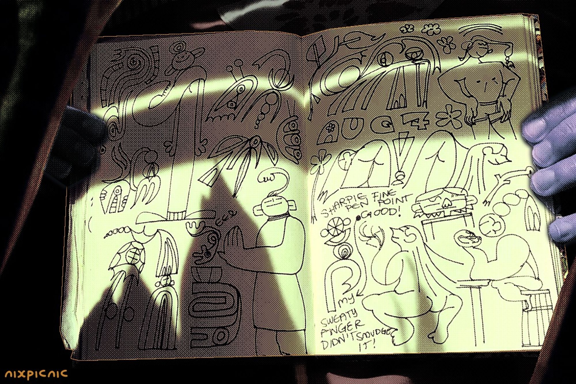 a digital photo of hands holding up a sketchbook spread to the camera. the sketchbook drawings depict cartoon people in various poses, most of them showing off their buttcheeks whimsically. some of the drawings are abstract shapes. the image has been edited to look like a collage.