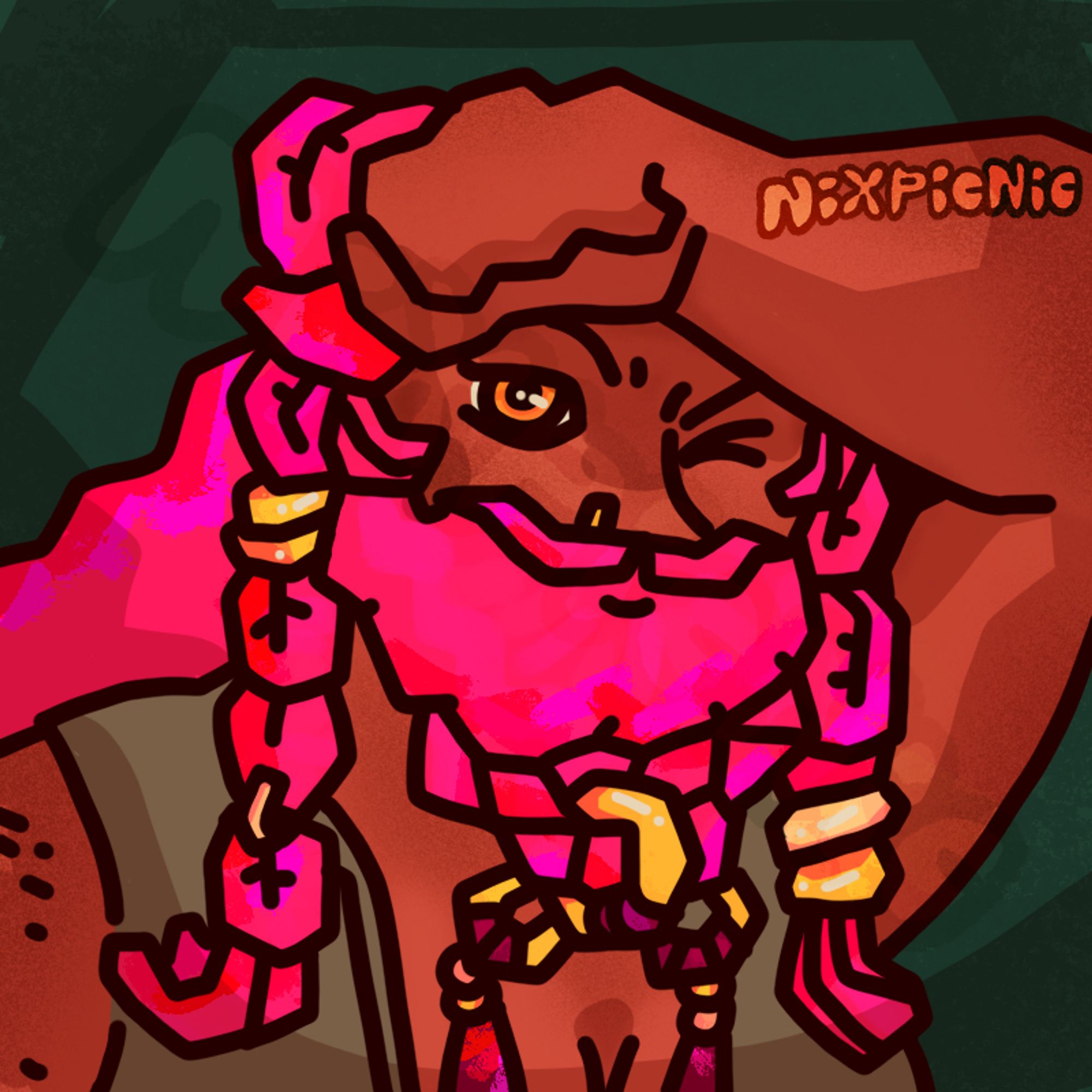 a digital drawing depicting a dwarf woman wiping sweat from her brow, hand clenched in a fist. the woman has copper-toned skin and bright pink hair which is held in 2 buns and numerous braids. she has a full beard, which is braided along the bottom edge. her braids are adorned with beads and rings of various metals, mostly with a gold tone. she wears a simple sleeveless, low-cut shirt. she is winking at the viewer. the background is a simple green tone.