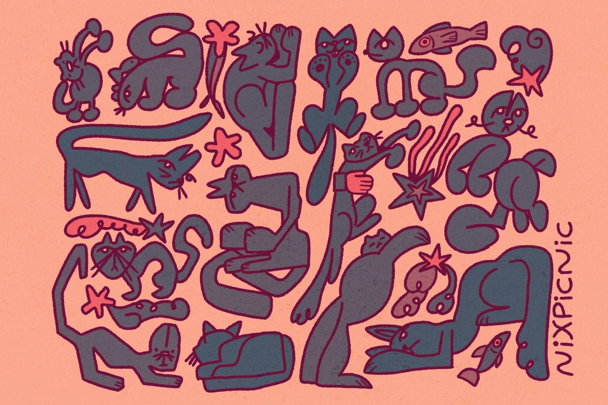 a digital drawing with 14 different iterations of cartoony cats in various poses and differing exaggerated proportions, with fish and stars filling in the spaces between them. the cats are varying shades of dark grayish blue, and pink is used as the accent colour for the stars. the background is light pink.