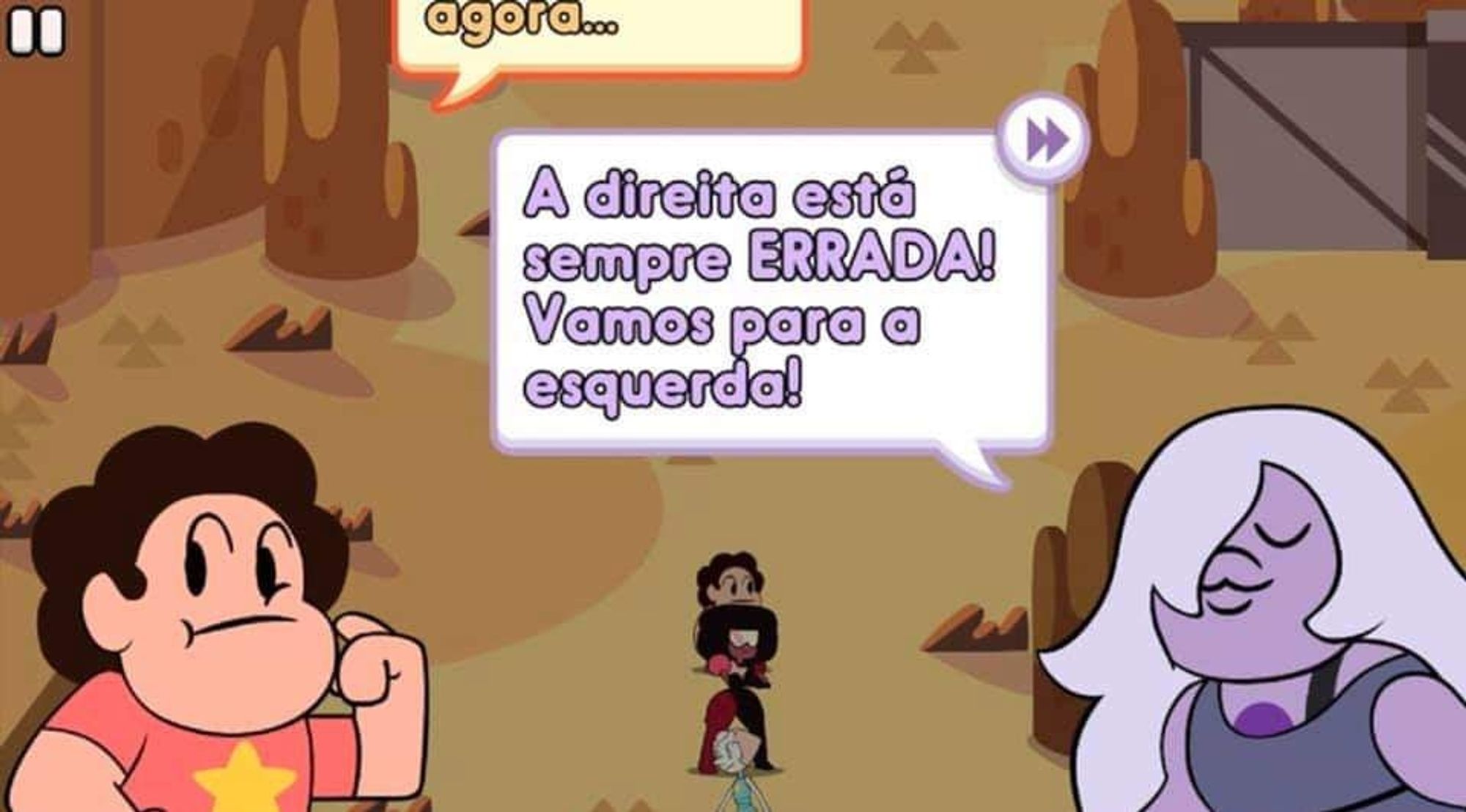 Imagem de Steven Universo e Ametista com a frase a direita está sempre errada, vamos para a esquerda