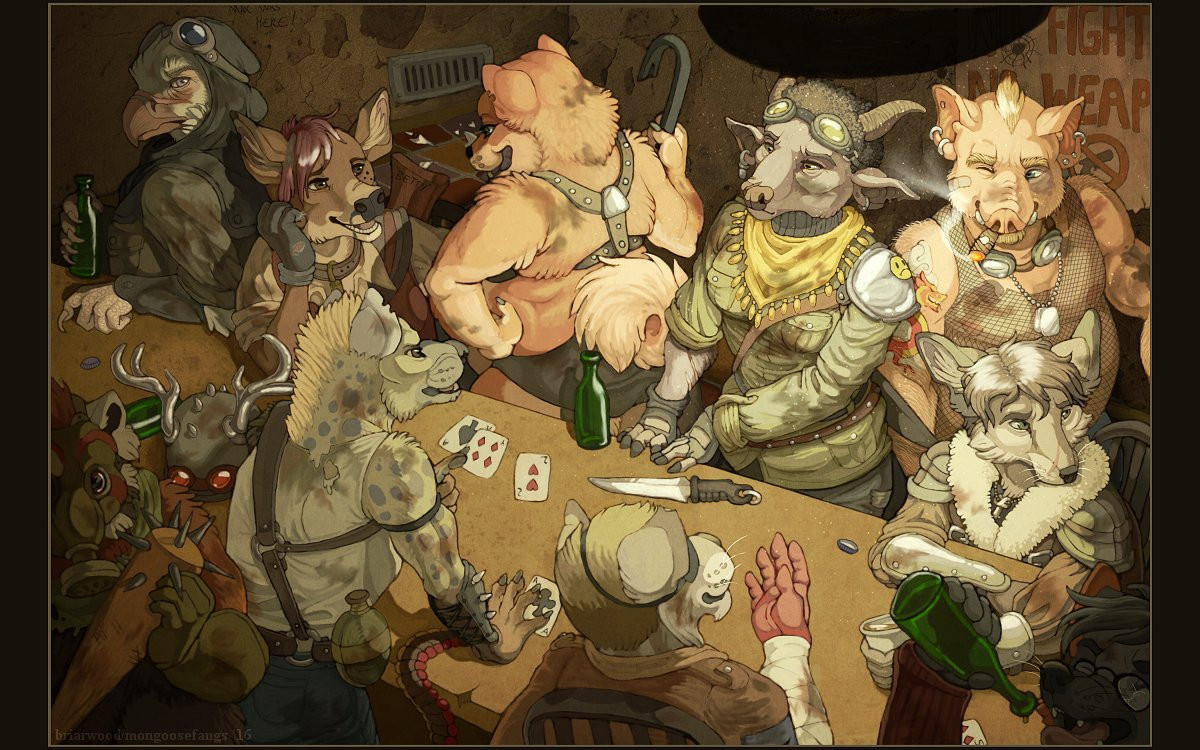 digital painting of anthropomorphic animals in a crowded post-apocalyptic bar