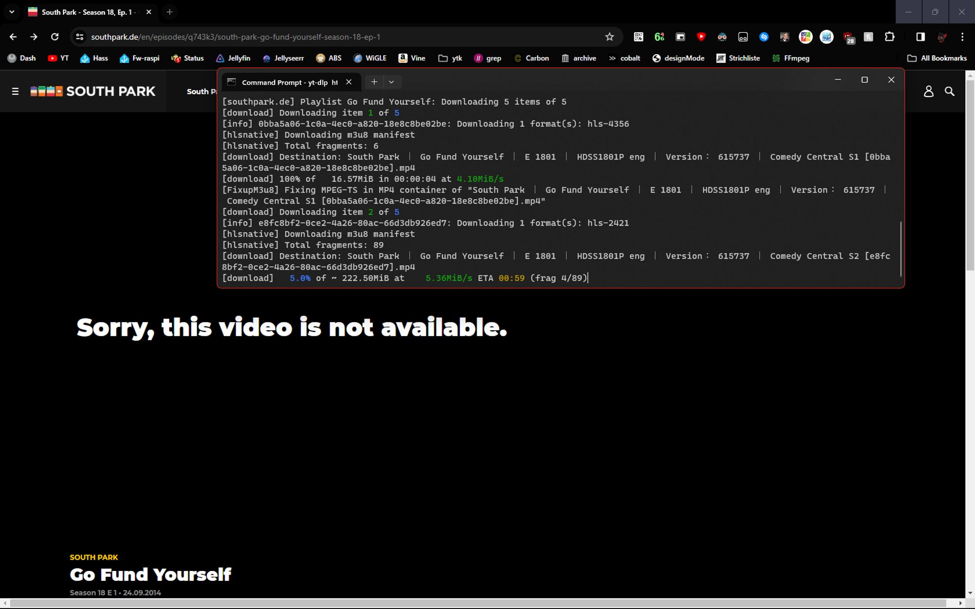 A screenshot of a browser window, displaying the south park website's video player with the message "Sorry, this video is not available."
In front of the browser is a terminal window with output from "yt-dlp", a popular video/audio downloader, downloading the video just fine.