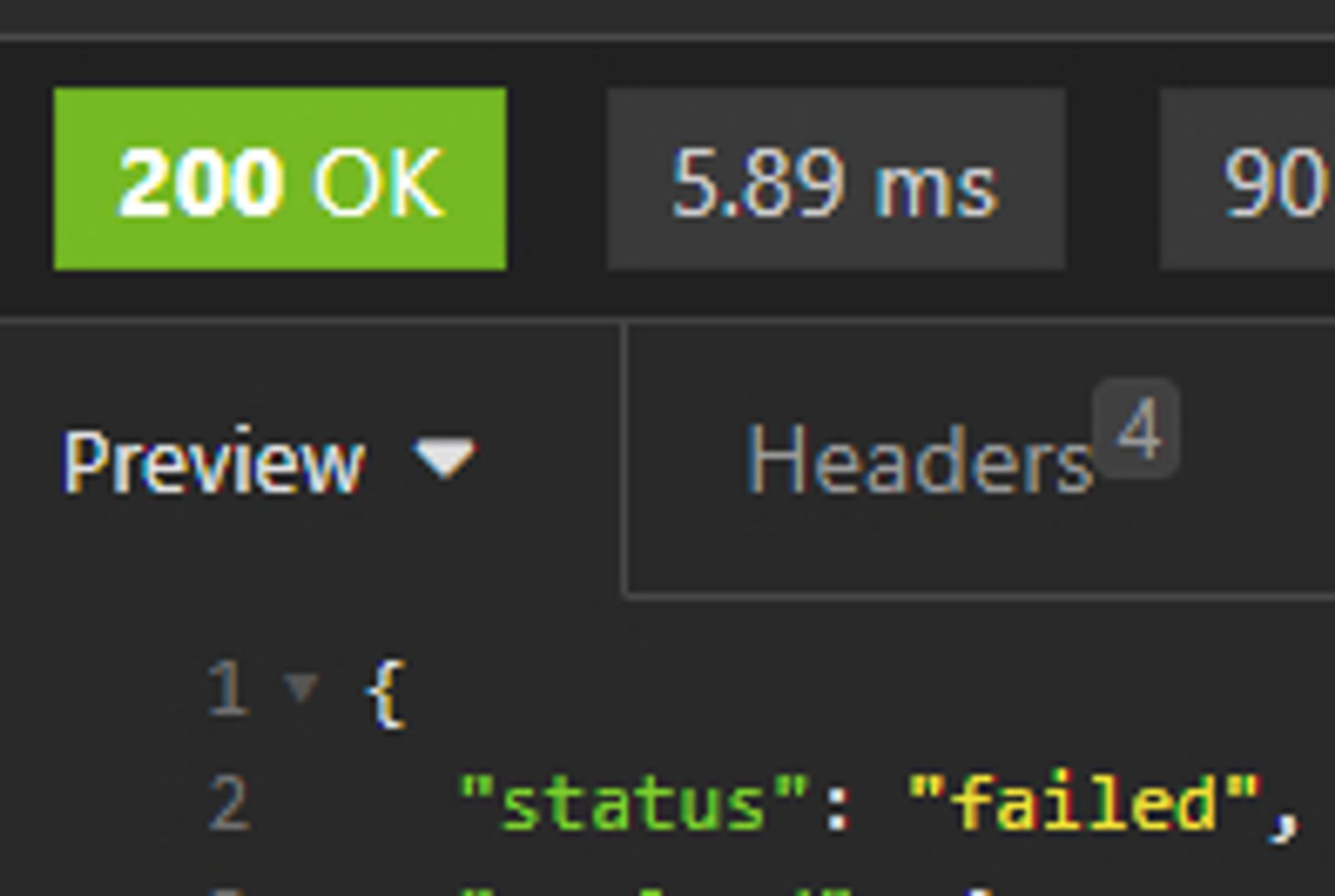 Screenshot of an HTTP reply with status code "200 OK". But data saying "status: failed".