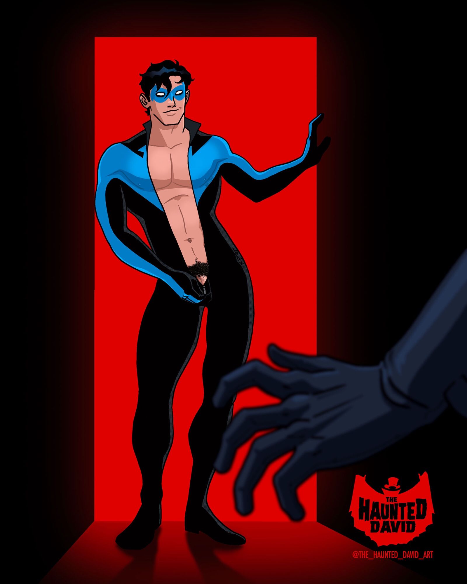 A drawing of DC Comics’ Nightwing character standing in a doorway, unzipping his superhero suit from the collar all the way down to his crotch, exposing his pubic hair and the base of his penis.