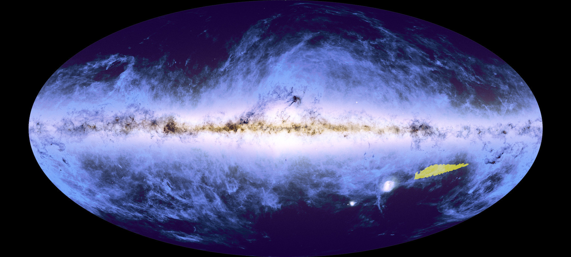 Euclid’s mosaic image (bottom right) superimposed on a Gaia and Planck all-sky map