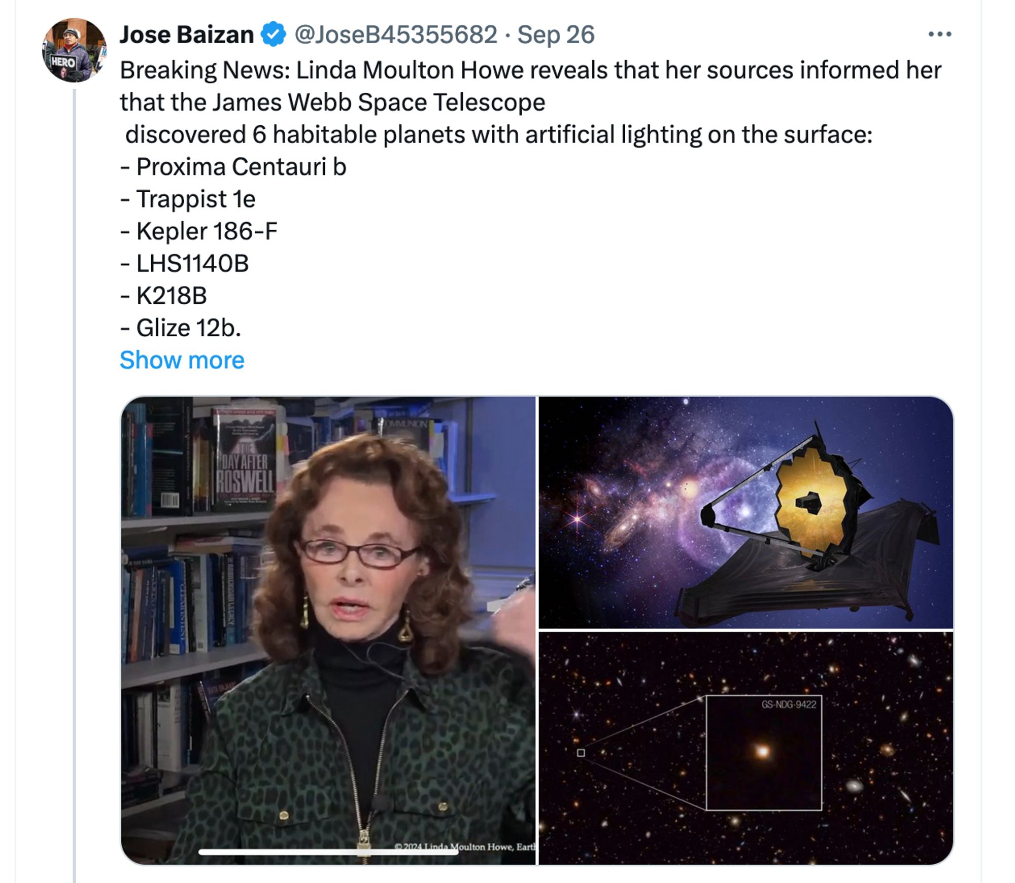 A widely viewed tweet spreading false claims that the JWST observatory found city lights on 6 alien planets.