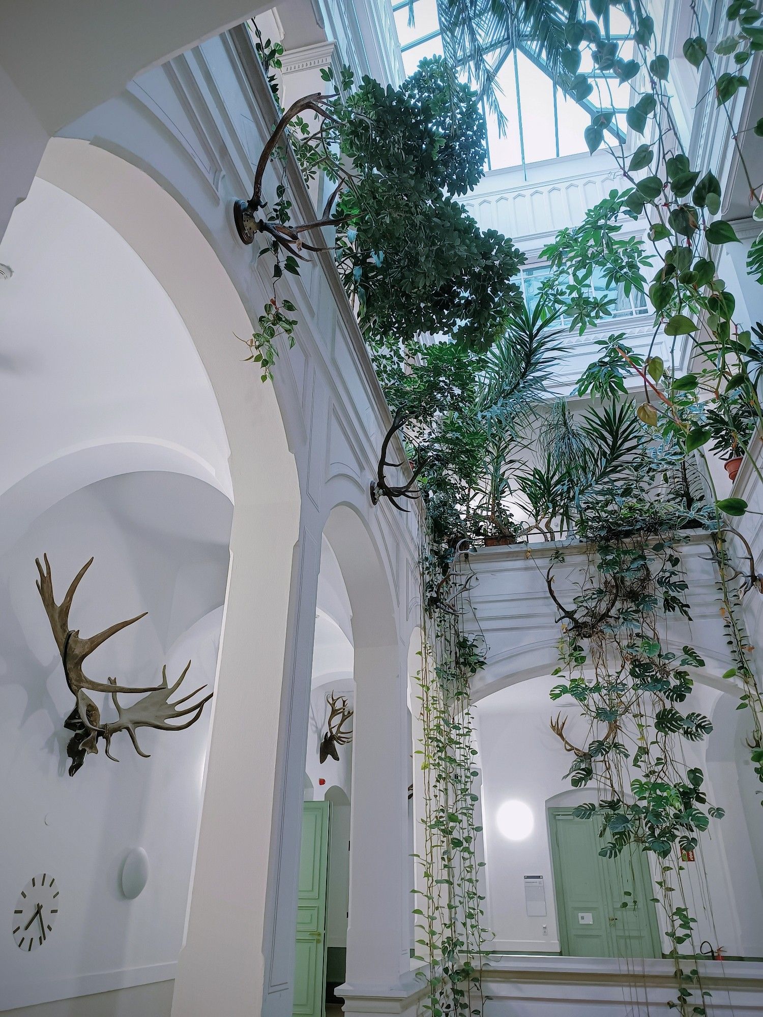 Blick ins begrünte Treppenhaus des Hauptgebäudes des Campus der Fakultät Forstwissenschaften in Tharandt.