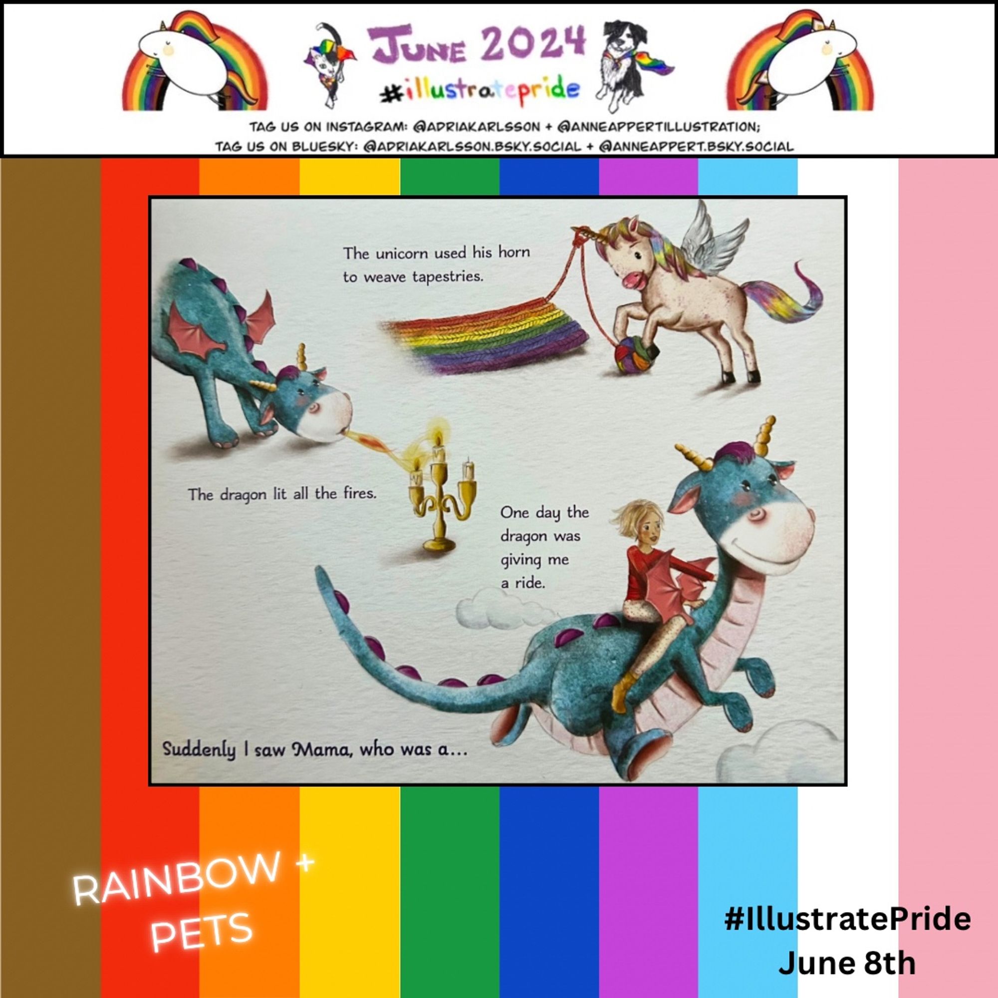 Rainbow background and page from a picture book with three spot drawings. One unicorn saving, a dragon lighting candles, and a woman riding on a dragon.