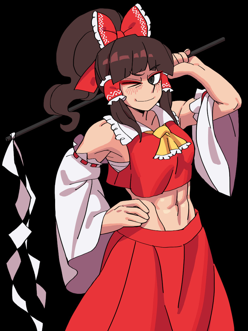 this is an image of reimu hakurei winking. she is shredded tho.