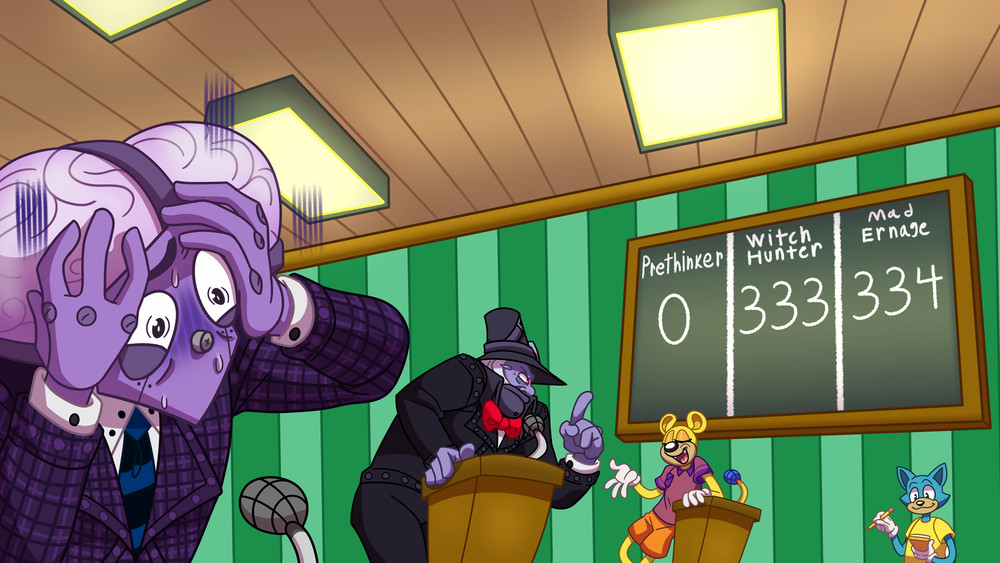 A spelling bee is taking place in the Schoolhouse. The contestants are the Prethinker, the Witch Hunter, and Mad Ernage. The Witch Hunter glares at Mad Ernage, who replies to him casually. The Prethinker is nervous and shocked, clasping his hands to his face. Professor Pete stands in the corner, smiling and holding a judge's card and a pencil. A scoreboard reads "Prethinker - 0, Witch Hunter - 333, Mad Ernage - 334".