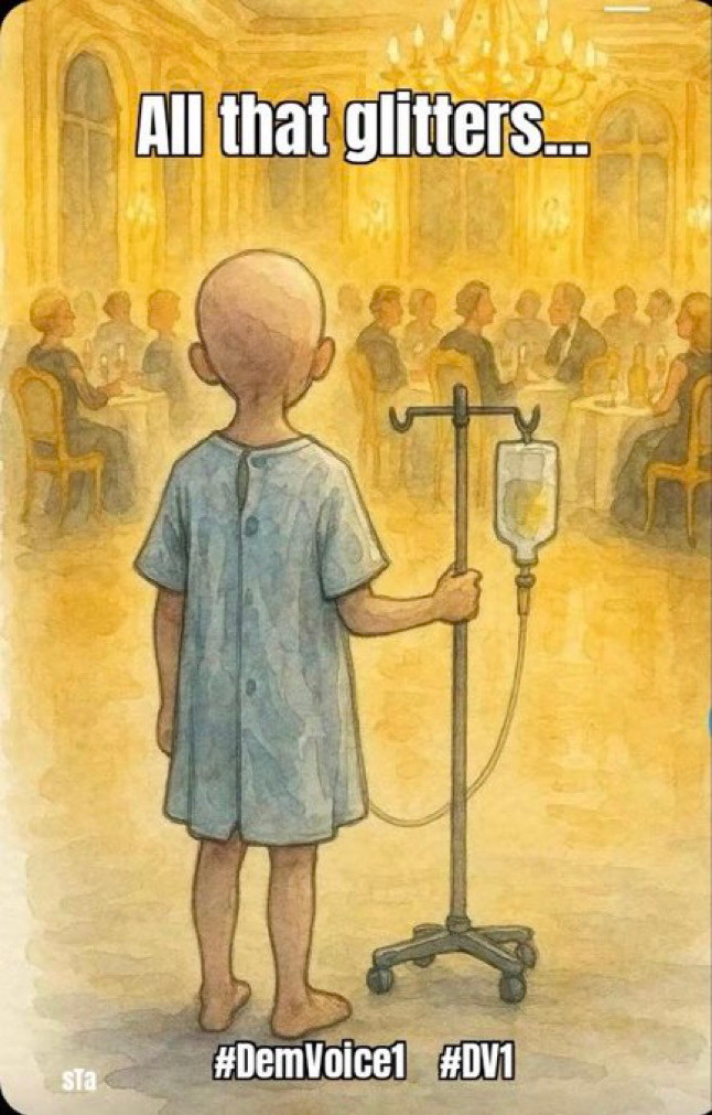 Bald child in a hospital gown connected to an IV looking on at a gold tinted gala in the new White House ballroom. 