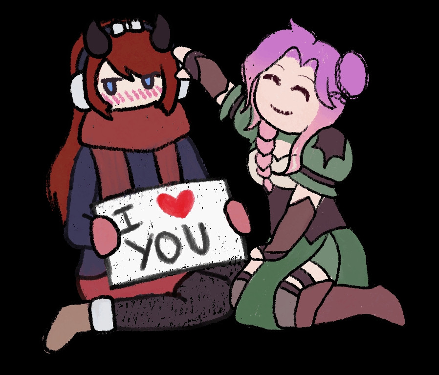 AwesomeSly's pink haired model gives headpats to EmberMori's red haired model. EmberMori is blushing, looking away, and holding a sign that says I love you.