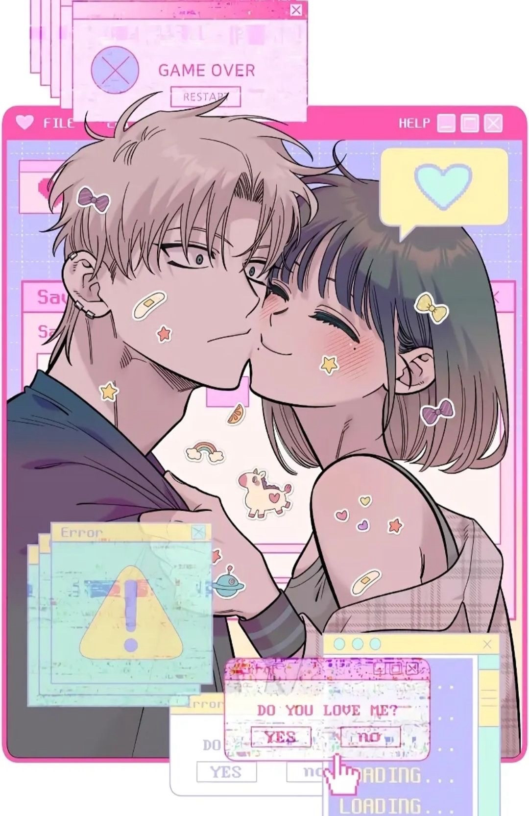 A cover of Mincheoul and Haneul from Childhood Friend Complex covered in cute colorful stickers while she presses her face to his.