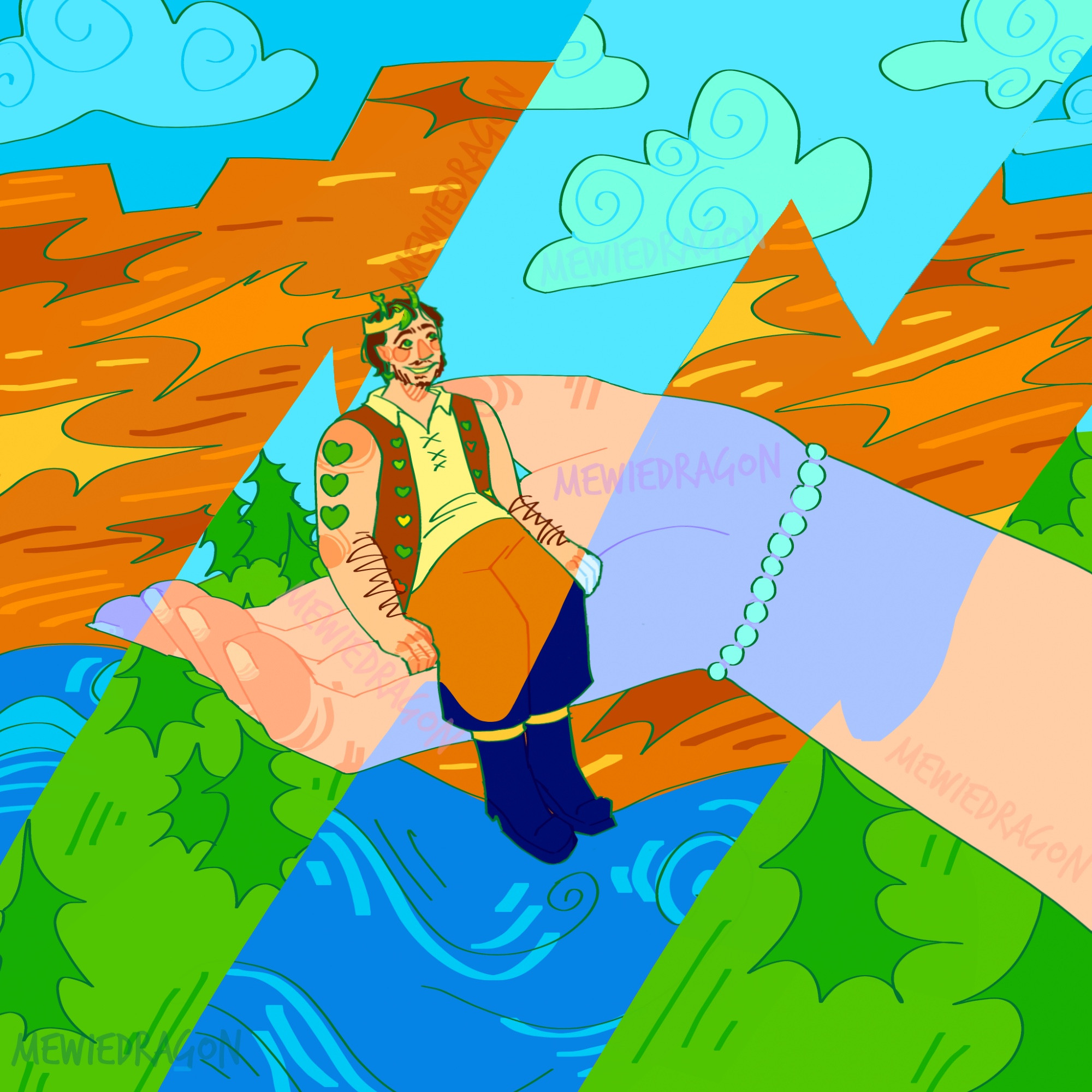 A digitally drawn image of a giant hand (ldshadowlays hand) holding up a tiny Joel Smallishbeans. The image is split into two parts, on one part the background is an ocean with orange meza biome rocks in the background, on these parts the hand is blue with a pearl bracelet and Joel is seen wearing a golden crown and black trousers and boots. On the other part the background is a tiny forest, the skin tone of the hand is beige and Joel is wearing an off-white shirt, a brown vest with buttons the colours of the different lives he will go through and light brown trousers. Joel is looking upwards toward where the face of Lizzie would be.