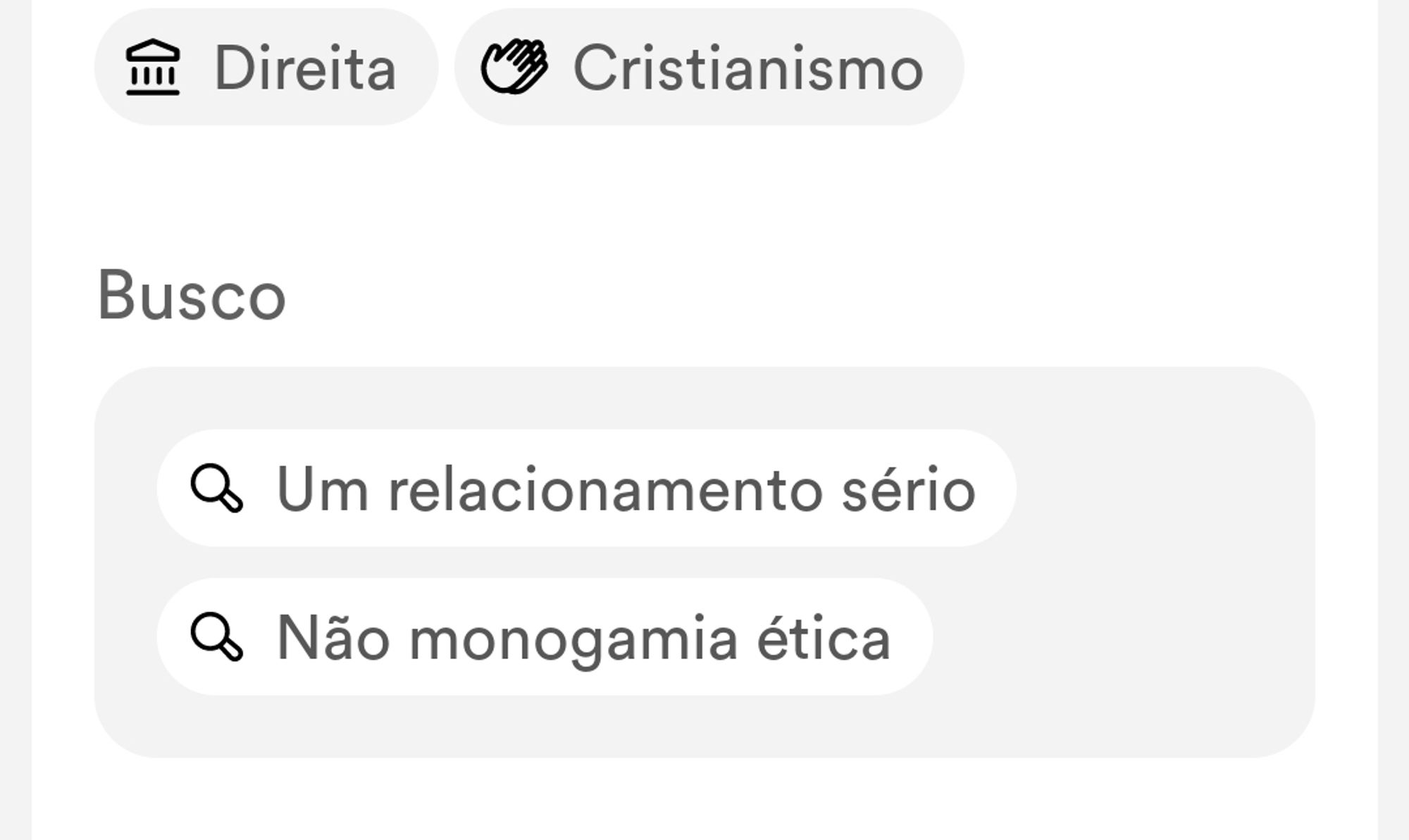 Print de um perfil do bumble com as características: Direita, Cristianismo, busca um relacionamento sério e não-monogamia ética 