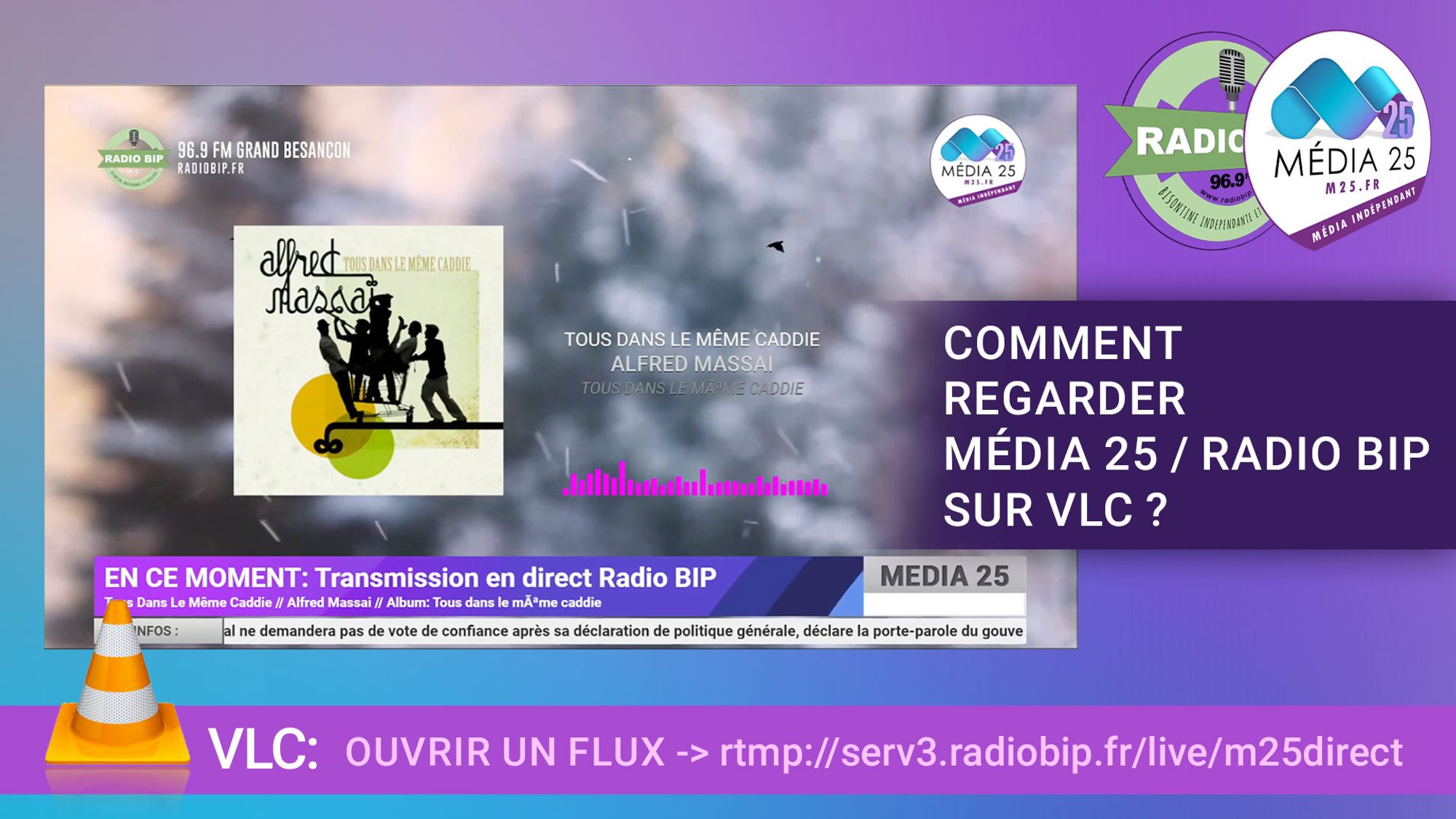 Photo explicative de comment suivre Média 25 / Radio BIP en vidéo. Si vous avez une télé connectée (comme une Android TV) - ou sur un ordinateur ou téléphone mobile - et que vous avec ou vous pouvez installer VLC, ouvrez VLC, choisissez "Ouvrir un flux" et tapez : rtmp://serv3.radiobip.fr/live/m25direct