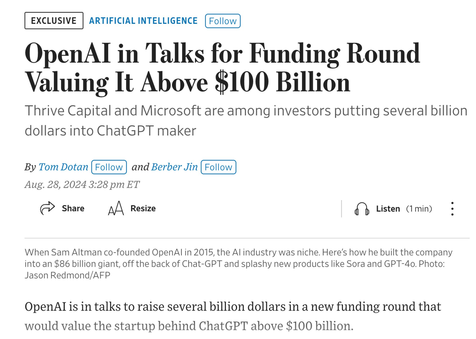 WSJ article: 

OpenAI in Talks for Funding Round Valuing It Above $100 Billion

Thrive Capital and Microsoft are among investors putting several billion dollars into ChatGPT maker