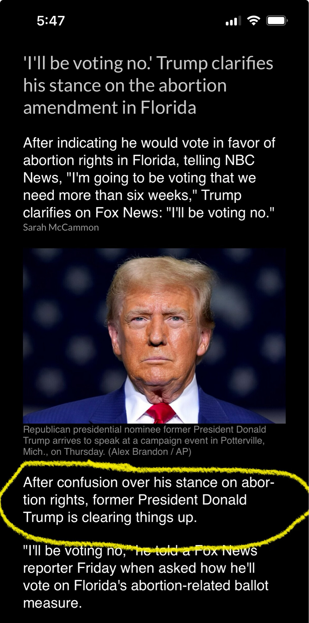 5:47
'I'll be voting no! Trump clarifies his stance on the abortion amendment in Florida
After indicating he would vote in favor of abortion rights in Florida, telling NBC News, "I'm going to be voting that we need more than six weeks," Trump clarifies on Fox News: "I'l be voting no."

After confusion over his stance on abortion rights, former President Donald Trump is clearing things up.

"I'll be voting no, he told a Fox News reporter Friday when asked how he'll vote on Florida's abortion-related ballot measure.