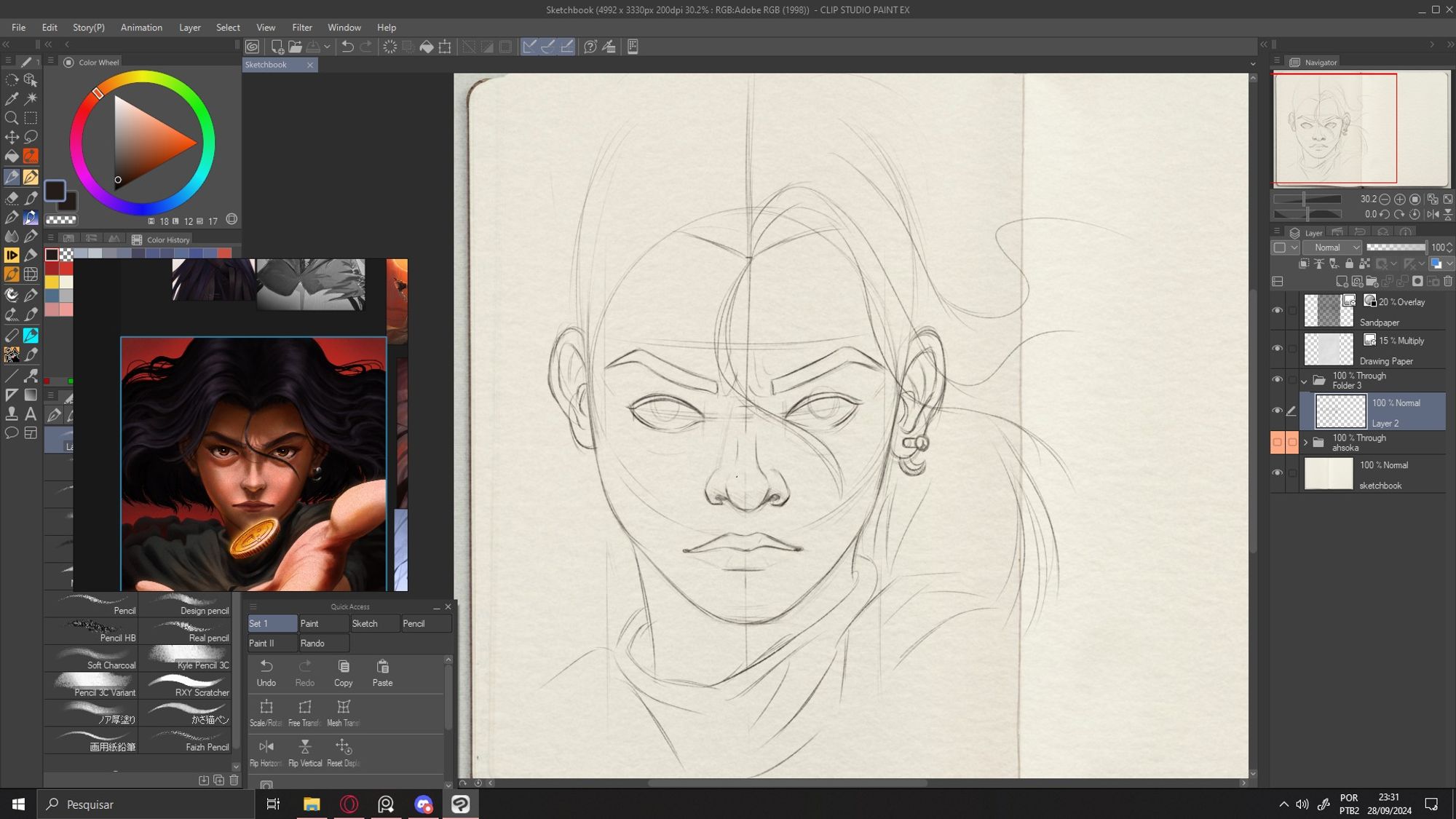 Screenshot from Clip Studio featuring a work in progress sketch of Vin from Mistborn books.