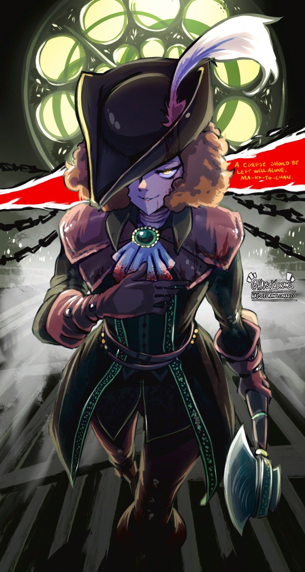 Haru from Persona 5, dressed as Lady maria of bloodborne, holding axe-chan as her weapon, looking down upon you, hand on her chest, saying "a corpse is best left alone, ma-ko-to-chan"