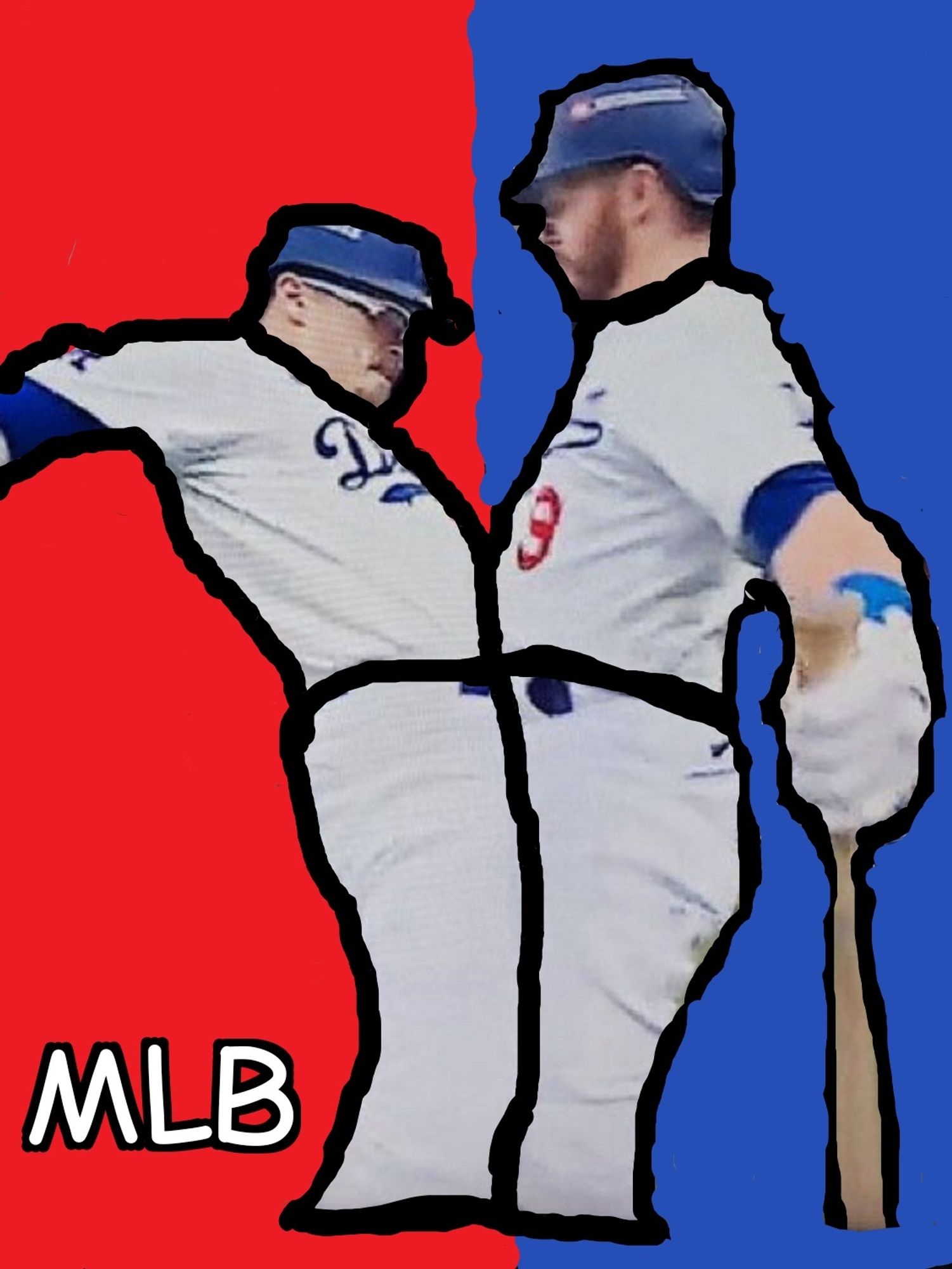 Two dodgers players waist bumping with a red/white/blue NBA/MLB style background